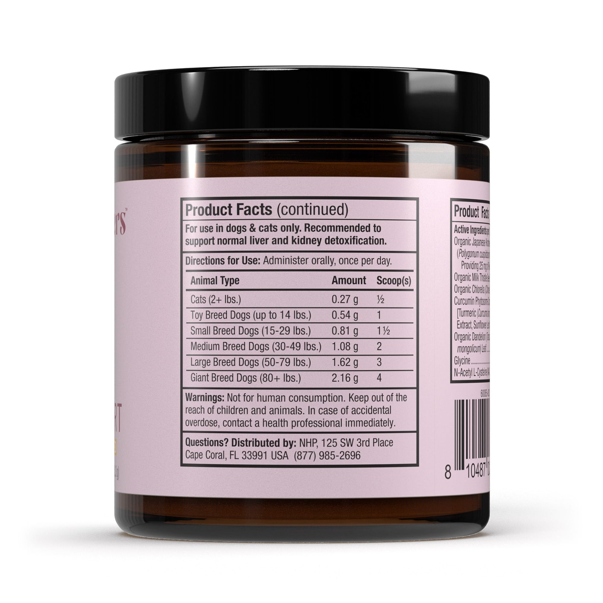 Dr. Mercola Bark & Whiskers Detox, ingredientes clave visibles en etiqueta.