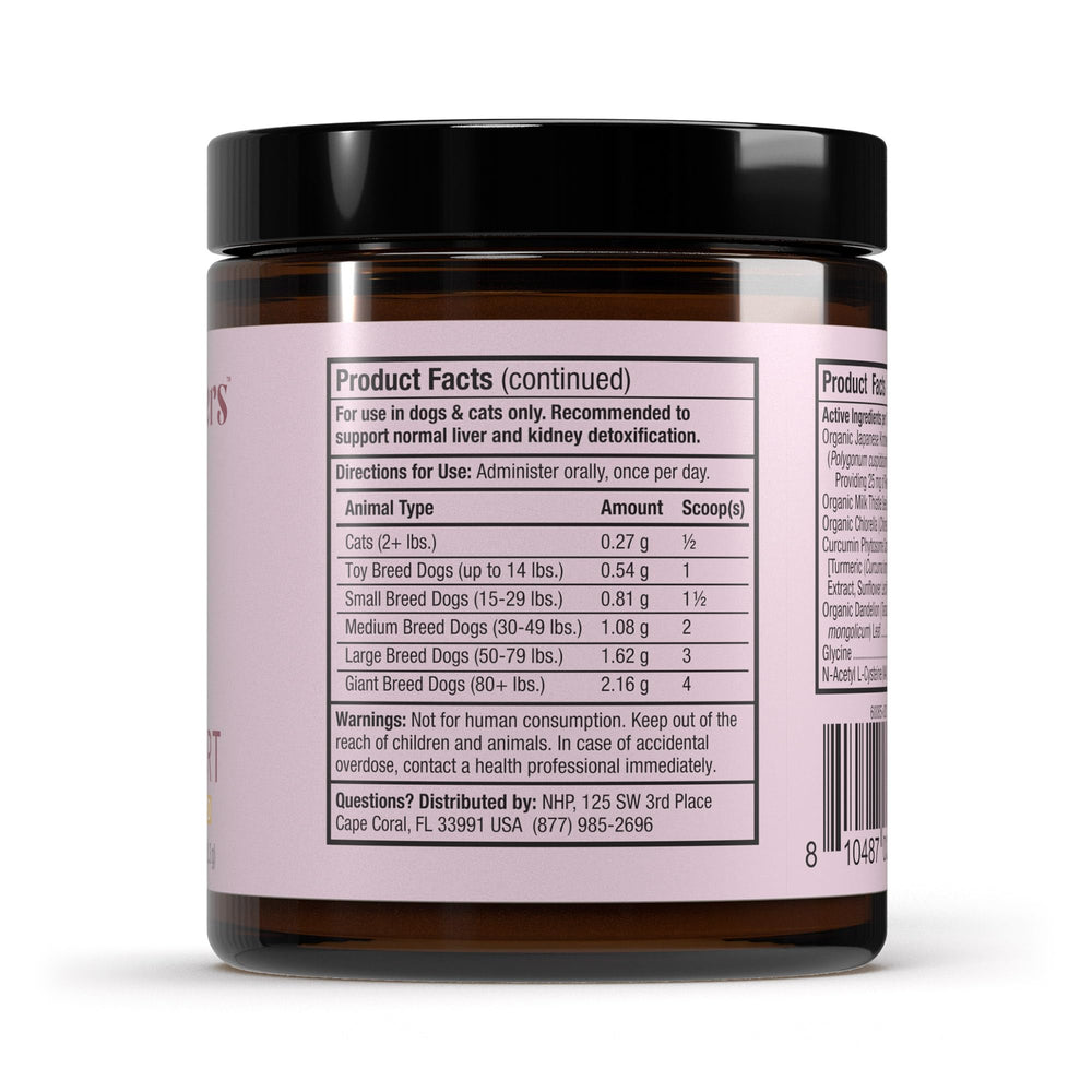 Dr. Mercola Bark & Whiskers Detox, ingredientes clave visibles en etiqueta.