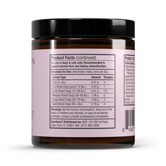 Dr. Mercola Bark & Whiskers Detox, ingredientes clave visibles en etiqueta.