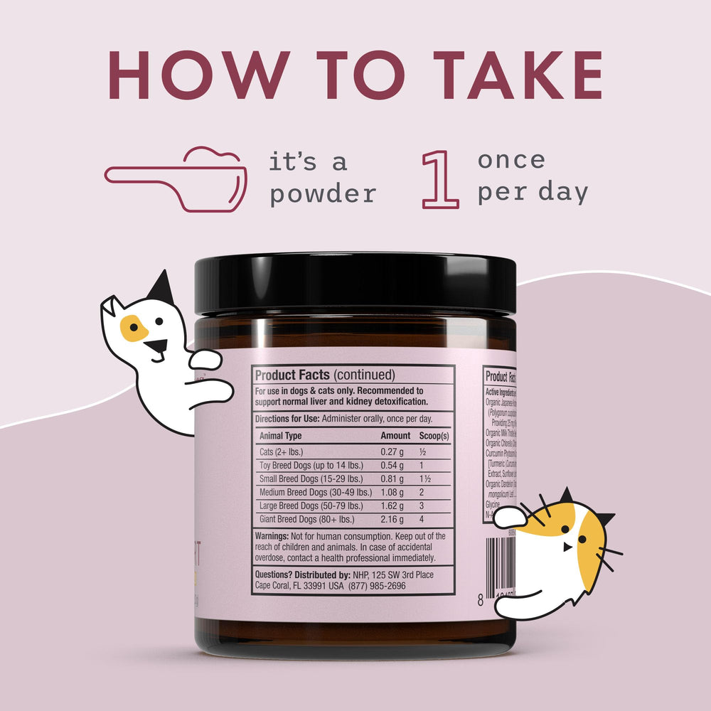 Uso diario Bark & Whiskers Detox para mascotas.