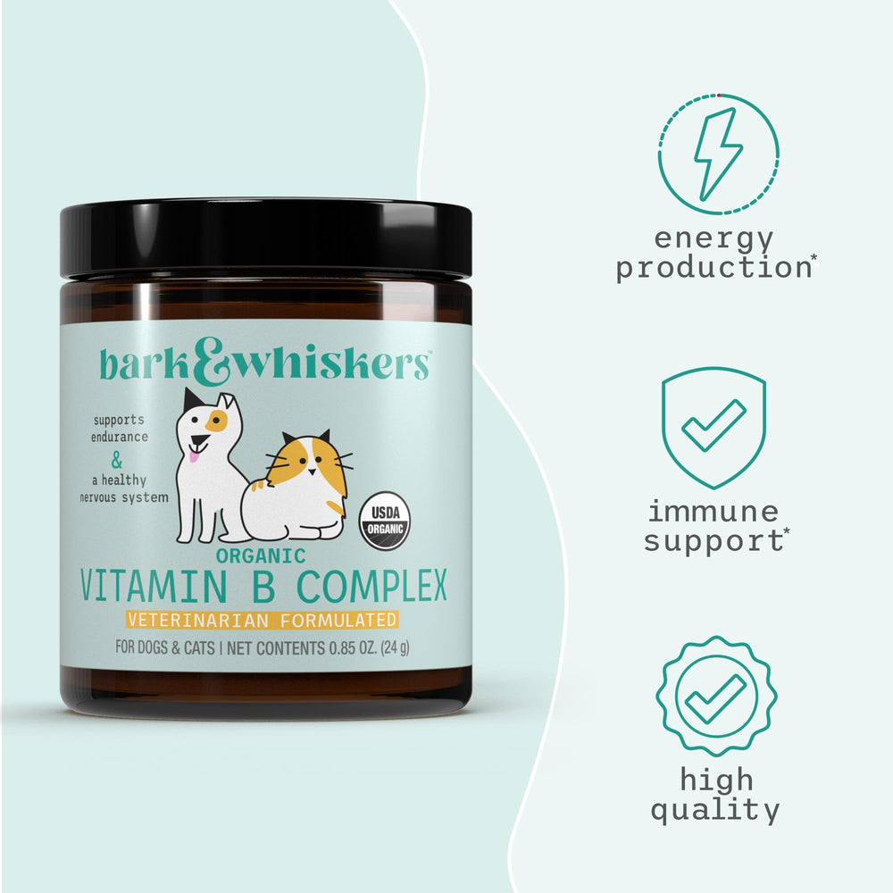 Empaque frontal de Bark & Whiskers, fórmula B completa para salud diaria.