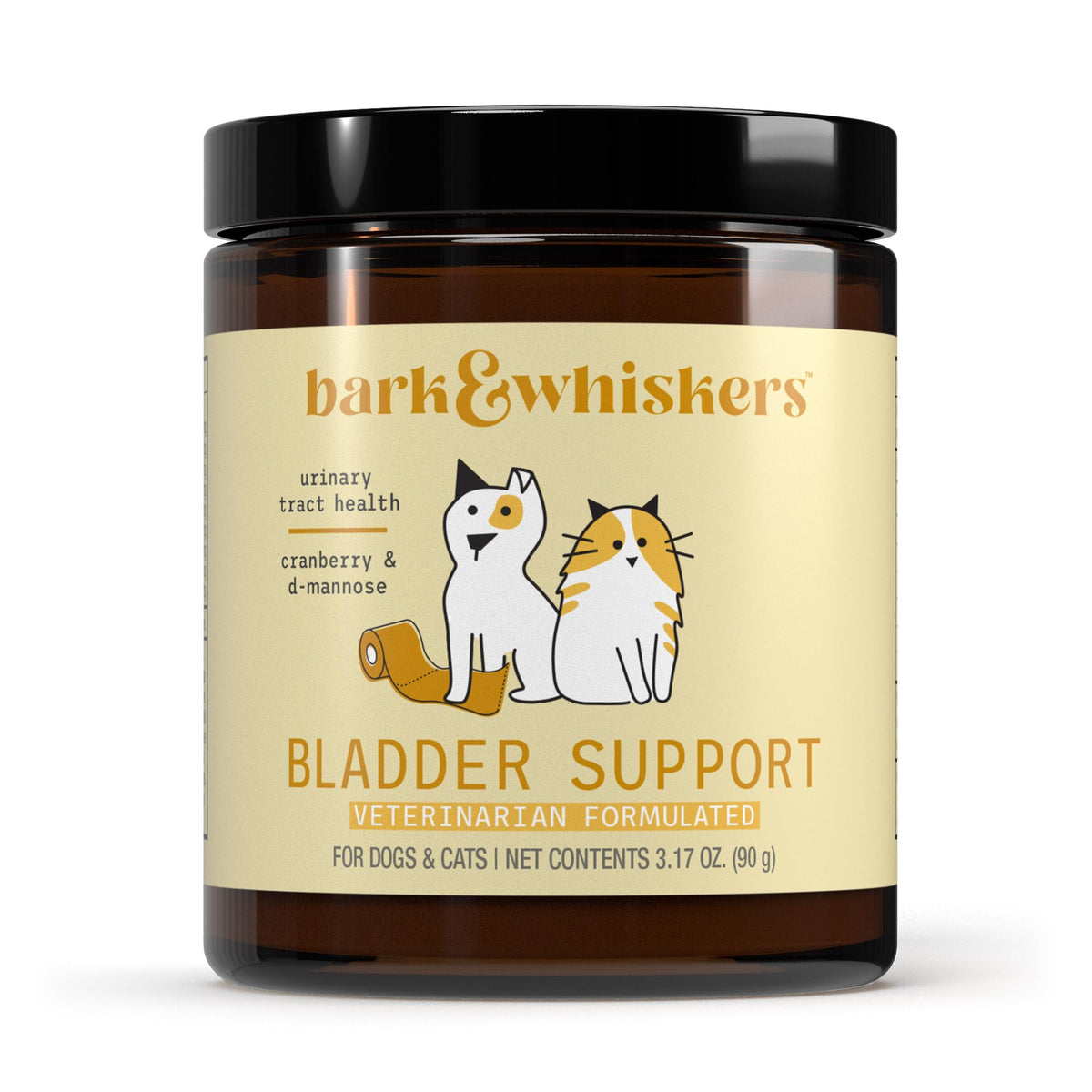 Dr. Mercola Bark y Whiskers frasco de dosis para apoyo urinario canino.