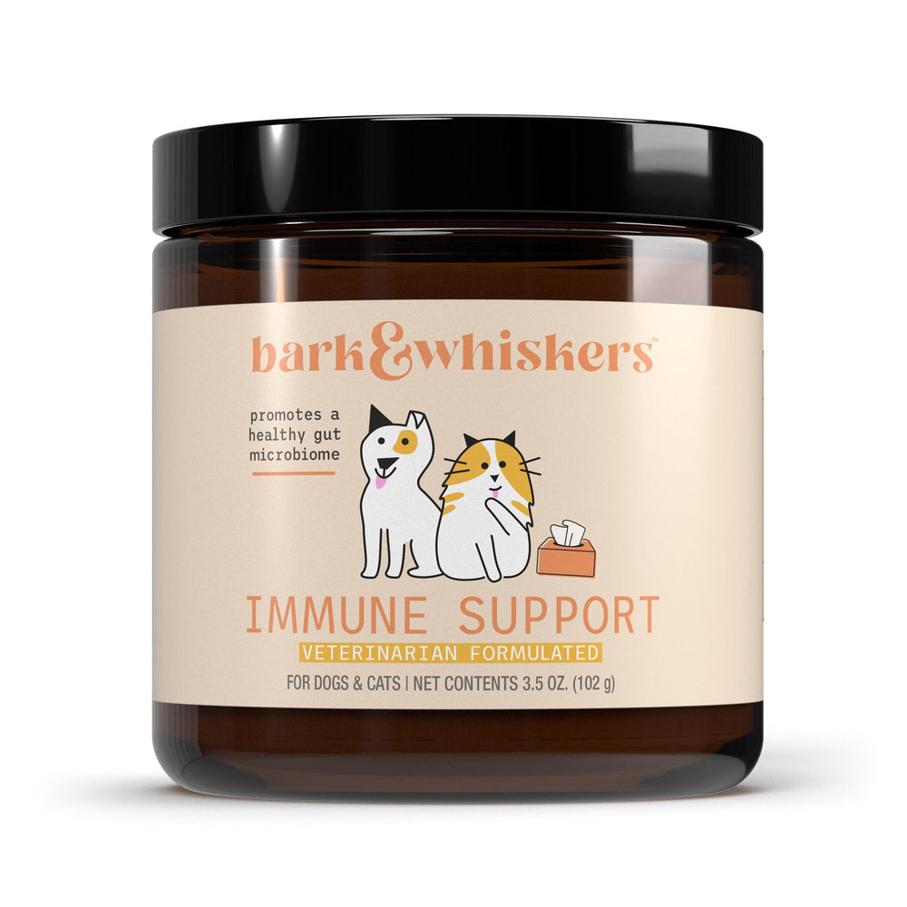 Frasco de Dr. Mercola Bark & Whiskers Apoyo Inmunitario para mascota.