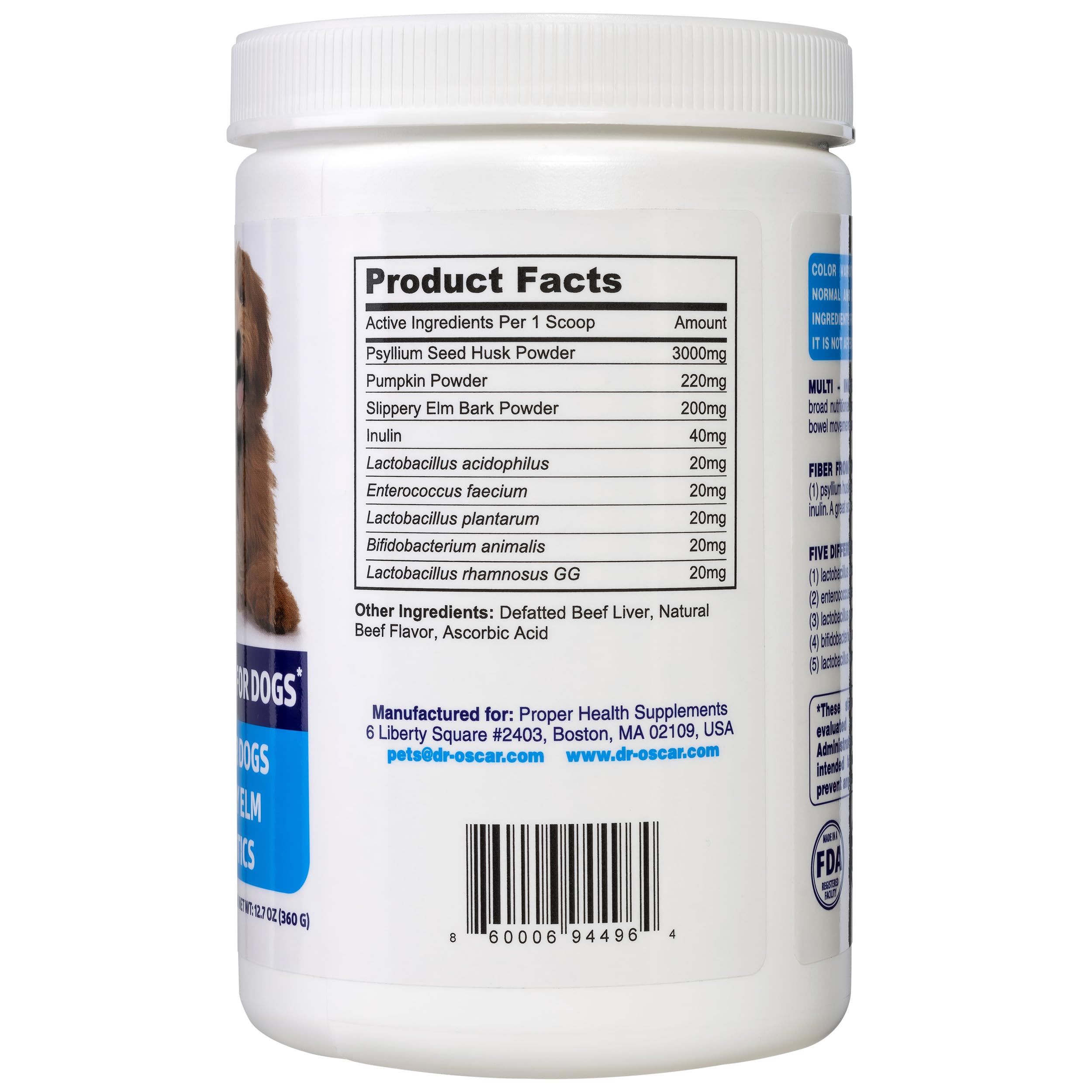 Dr. Oscar Fibra para perros con psyllium, mejora la consistencia de las heces.