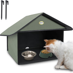 Estación de alimentación para gatos Dreyoo con techo inclinado mantiene la comida seca al aire libre.