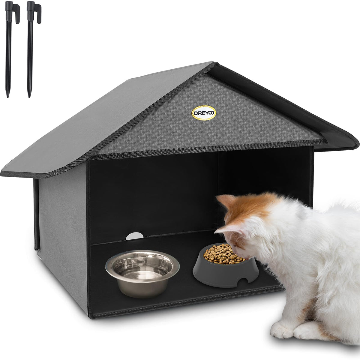 Dreyoo estación exterior para gatos con techo inclinado protege la comida de lluvia