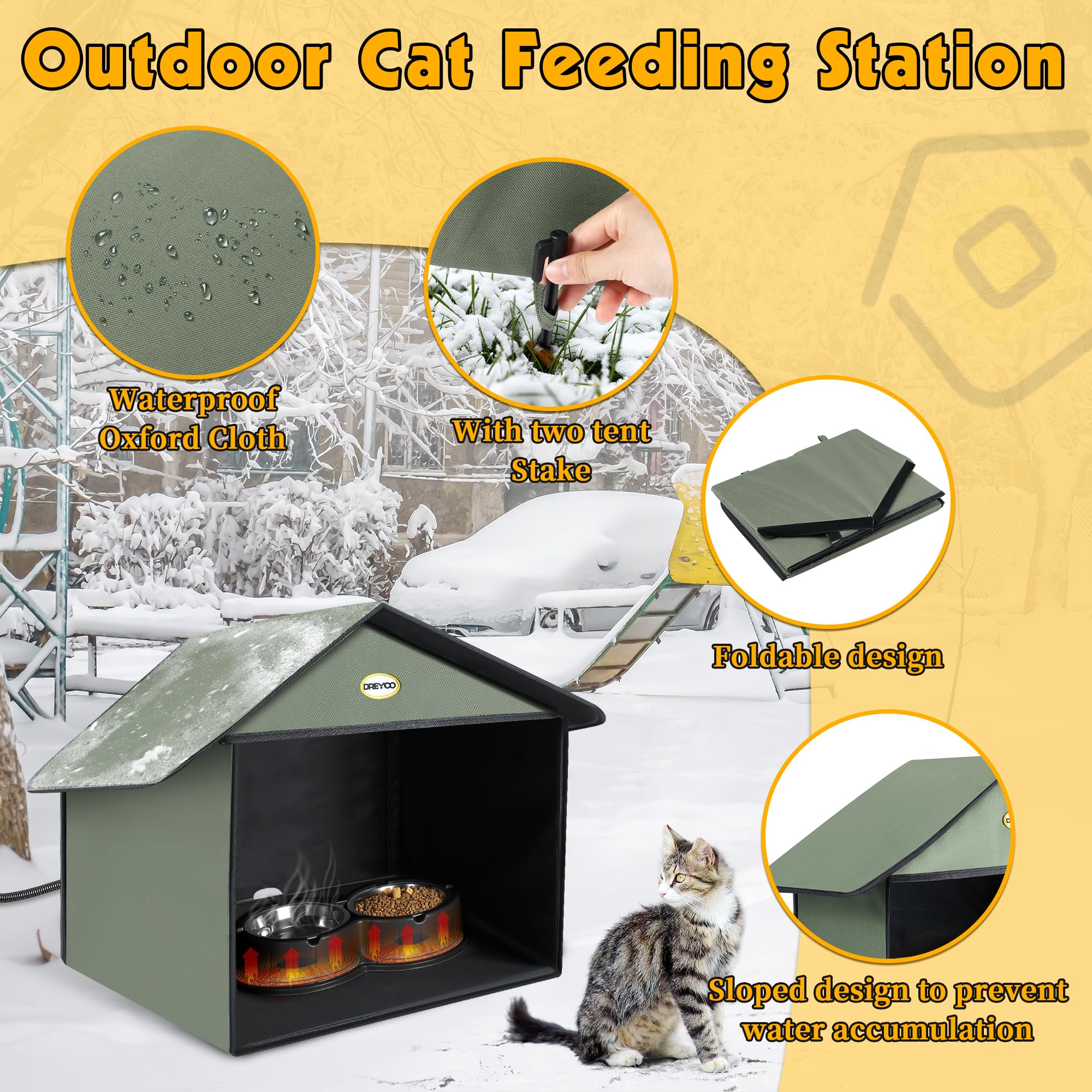 Tazones calefactados dobles Dreyoo mantienen el agua tibia para gatos en invierno.