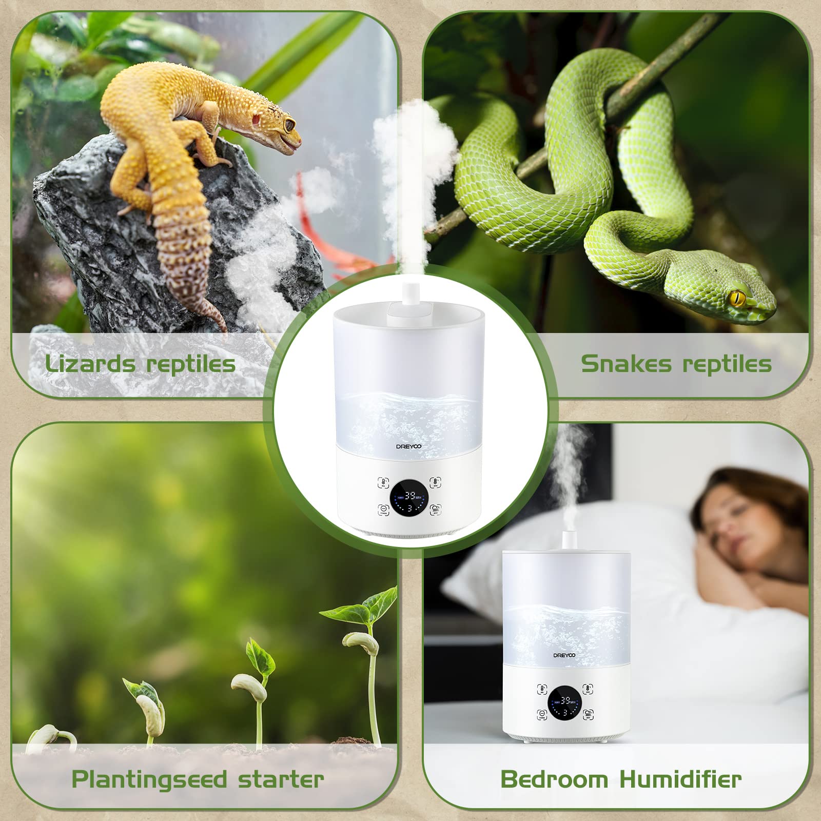 Dreyoo uso versátil para reptiles, plantas e invernadero.