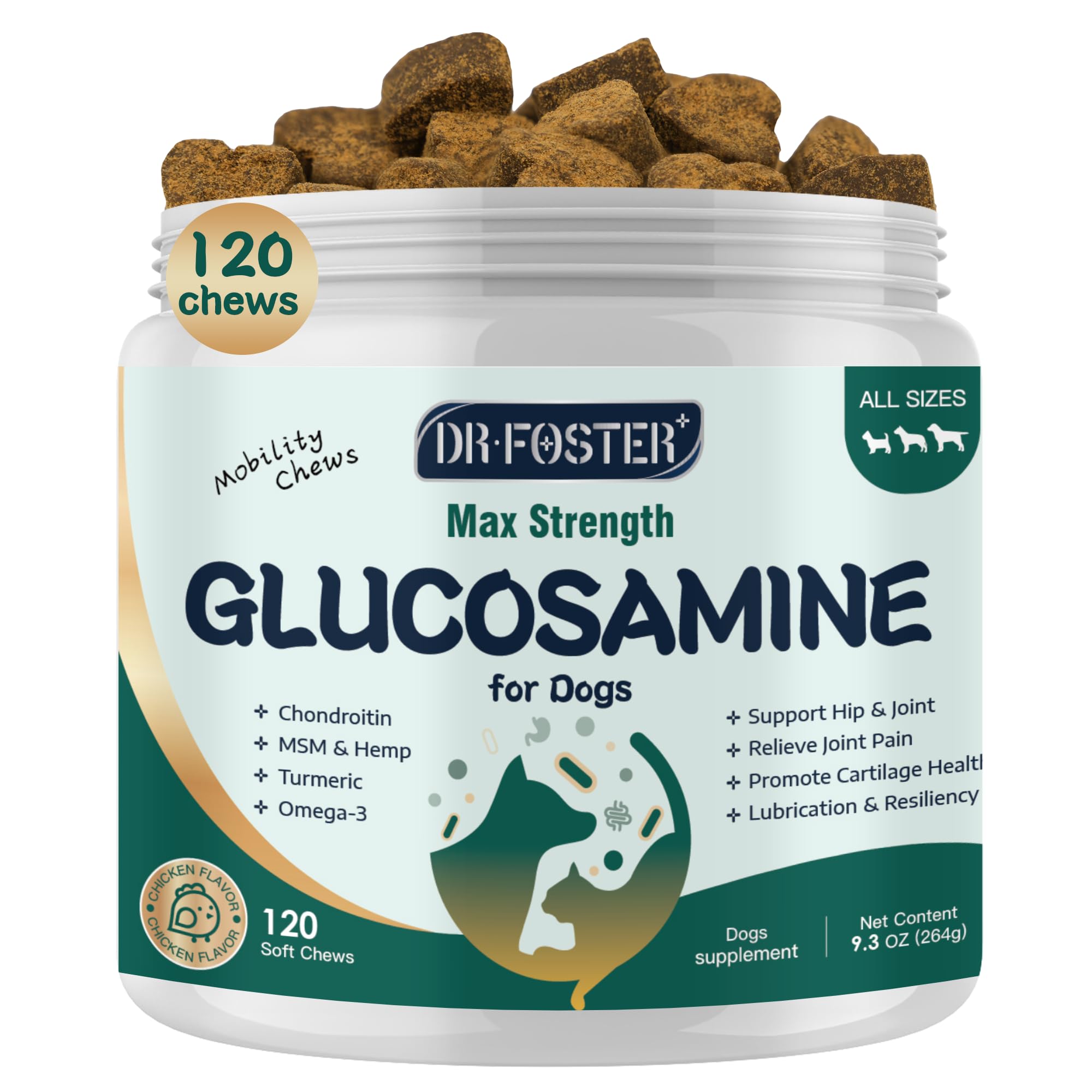 DRFOSTER glucosamina para perros en frasco facilita la movilidad diaria.