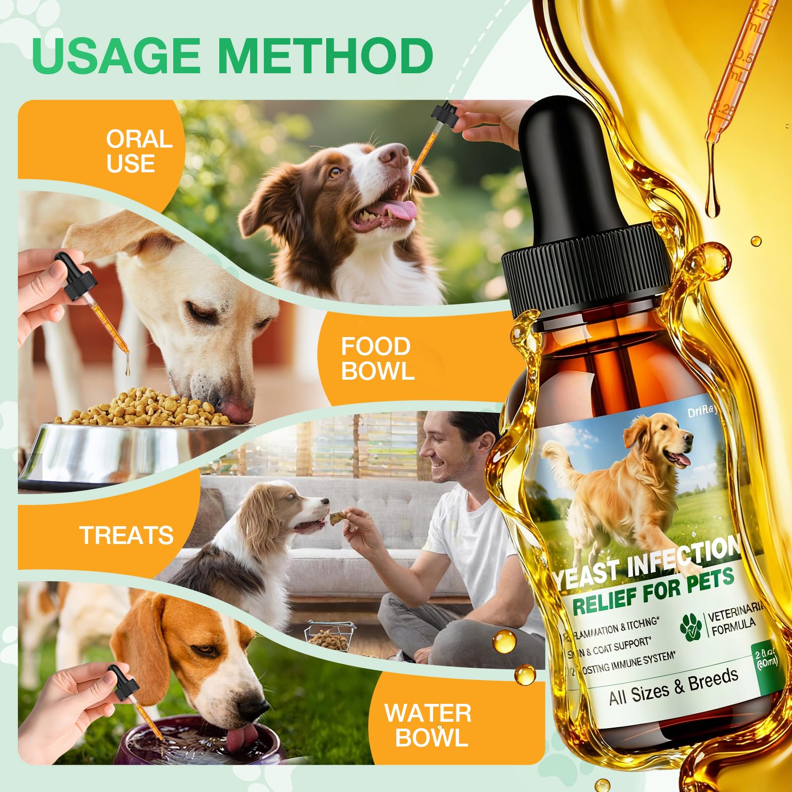 Gotas DriRaych para perros, frasco práctico para uso diario.