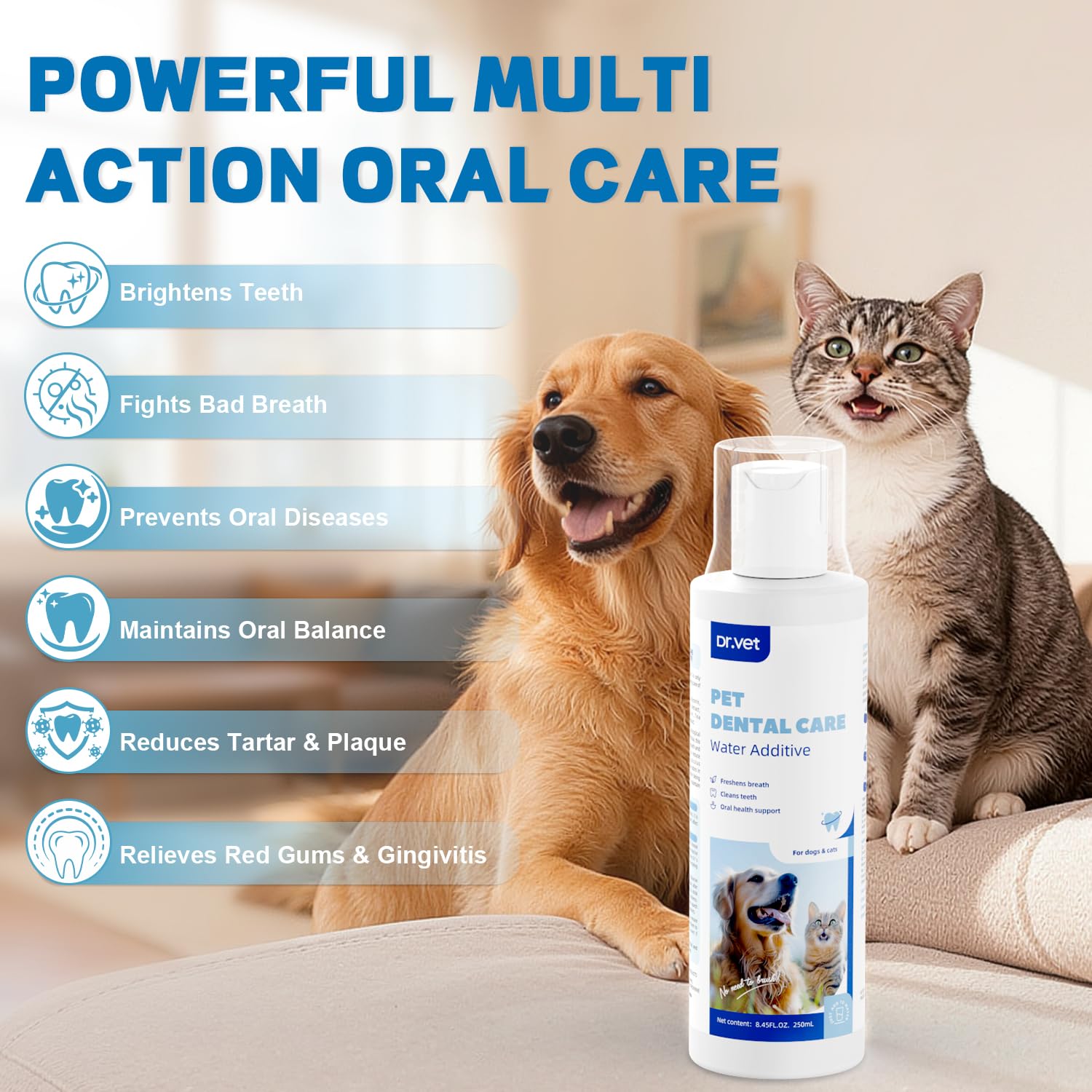 Dr Vet botella dental-agua muestra la botella de aditivo para el agua de mascotas.