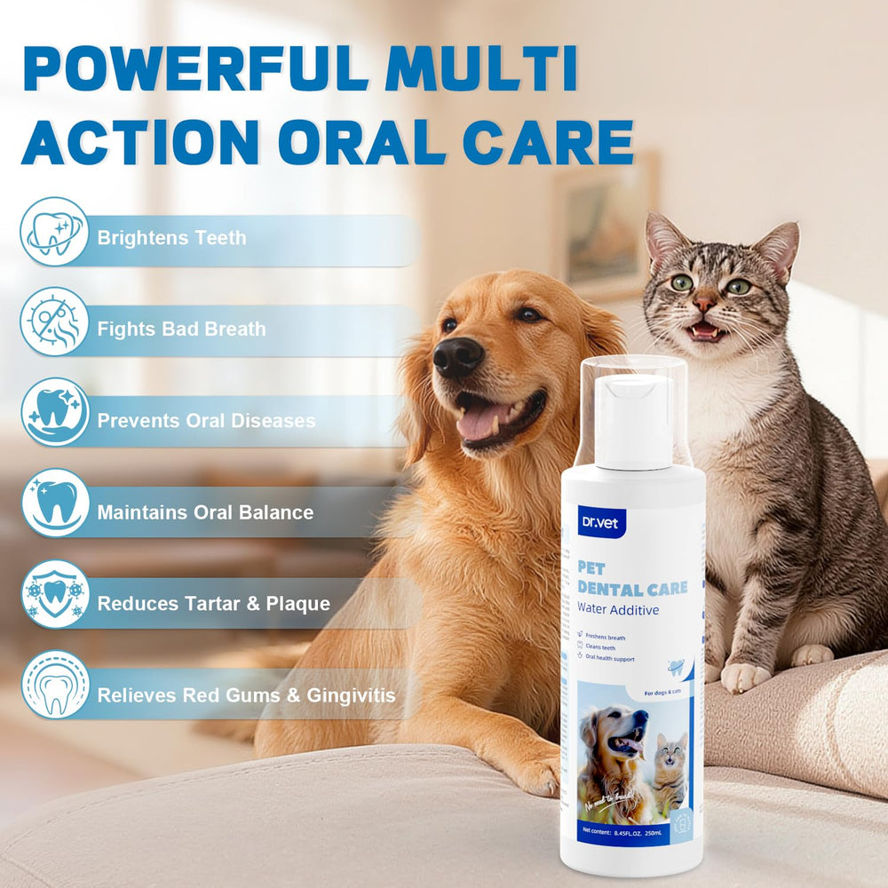 Dr Vet botella dental-agua muestra la botella de aditivo para el agua de mascotas.