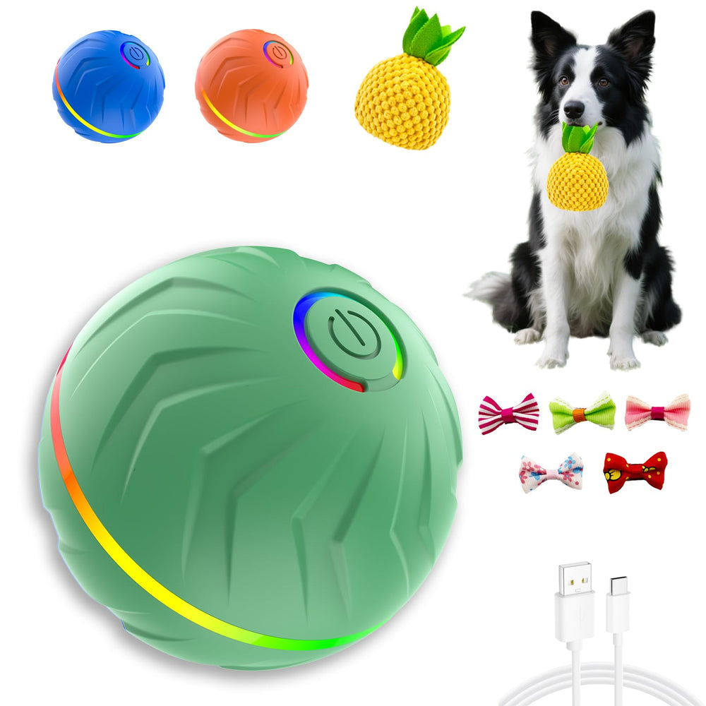 Bola interactiva DRVUXBIL en movimiento para perros, estimula juego activo.