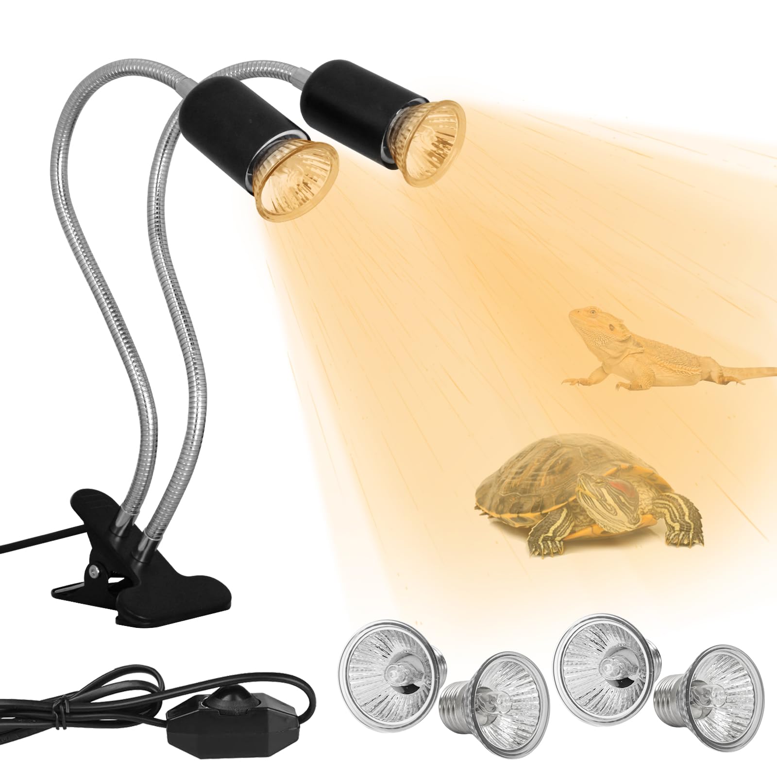 Lámpara de calor DUMILOO de doble cabeza para reptiles, amplia zona de iluminación.