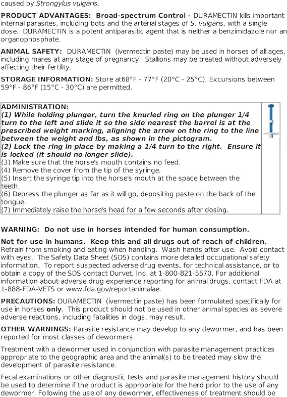 Etiqueta e instrucciones de Durvet Duramectin Pasta para uso seguro
