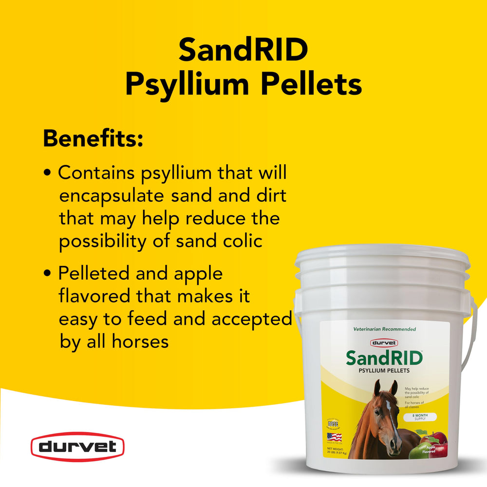 Producto Durvet Sandrid para uso diario en caballos, granulado de psilio.