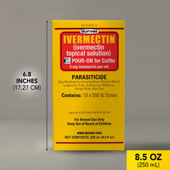 Durvet Ivermectin Pour-On label and cap showing product details and safety.