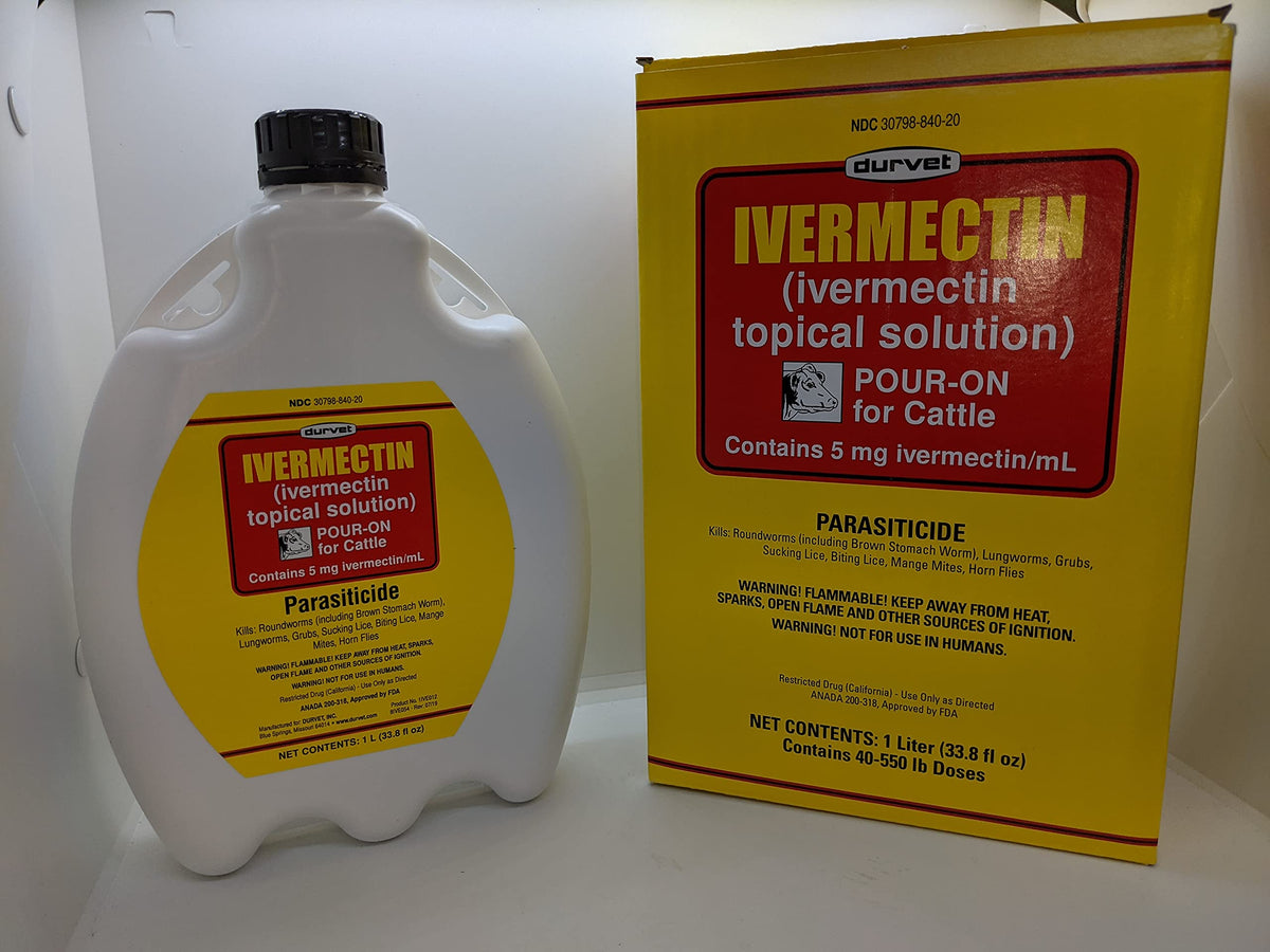 Durvet Ivermectin Pour-On para vacas: botella lista para aplicación segura en la granja.