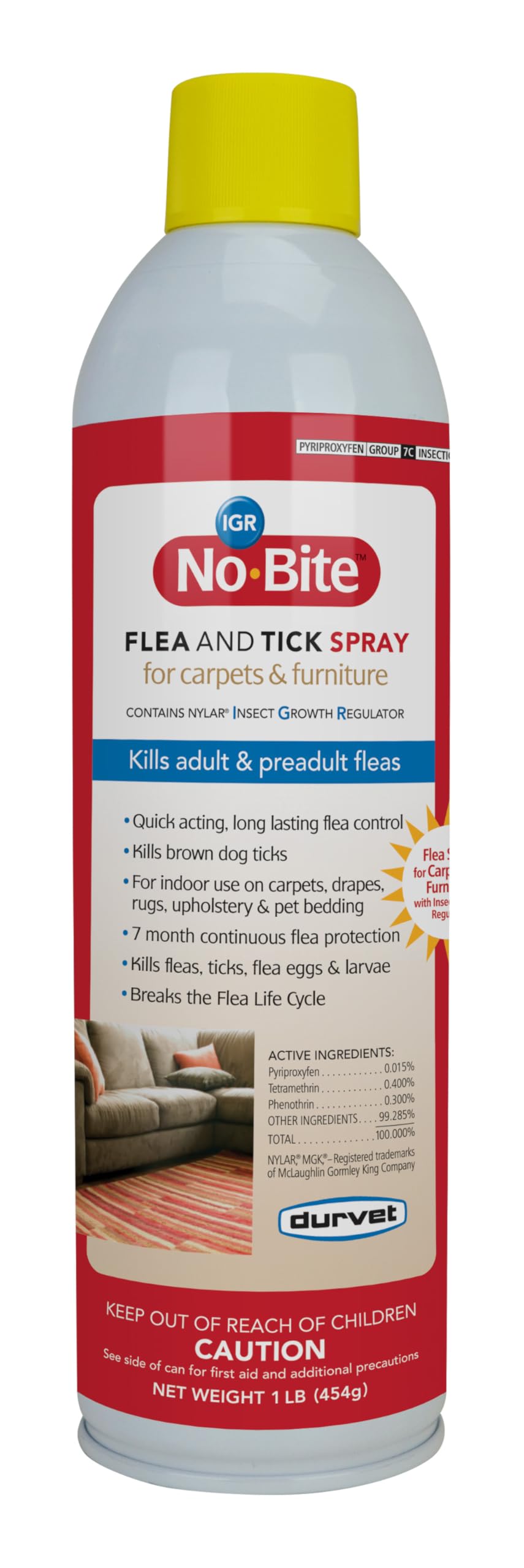 Durvet No Bite IGR spray sobre alfombras para control de pulgas.