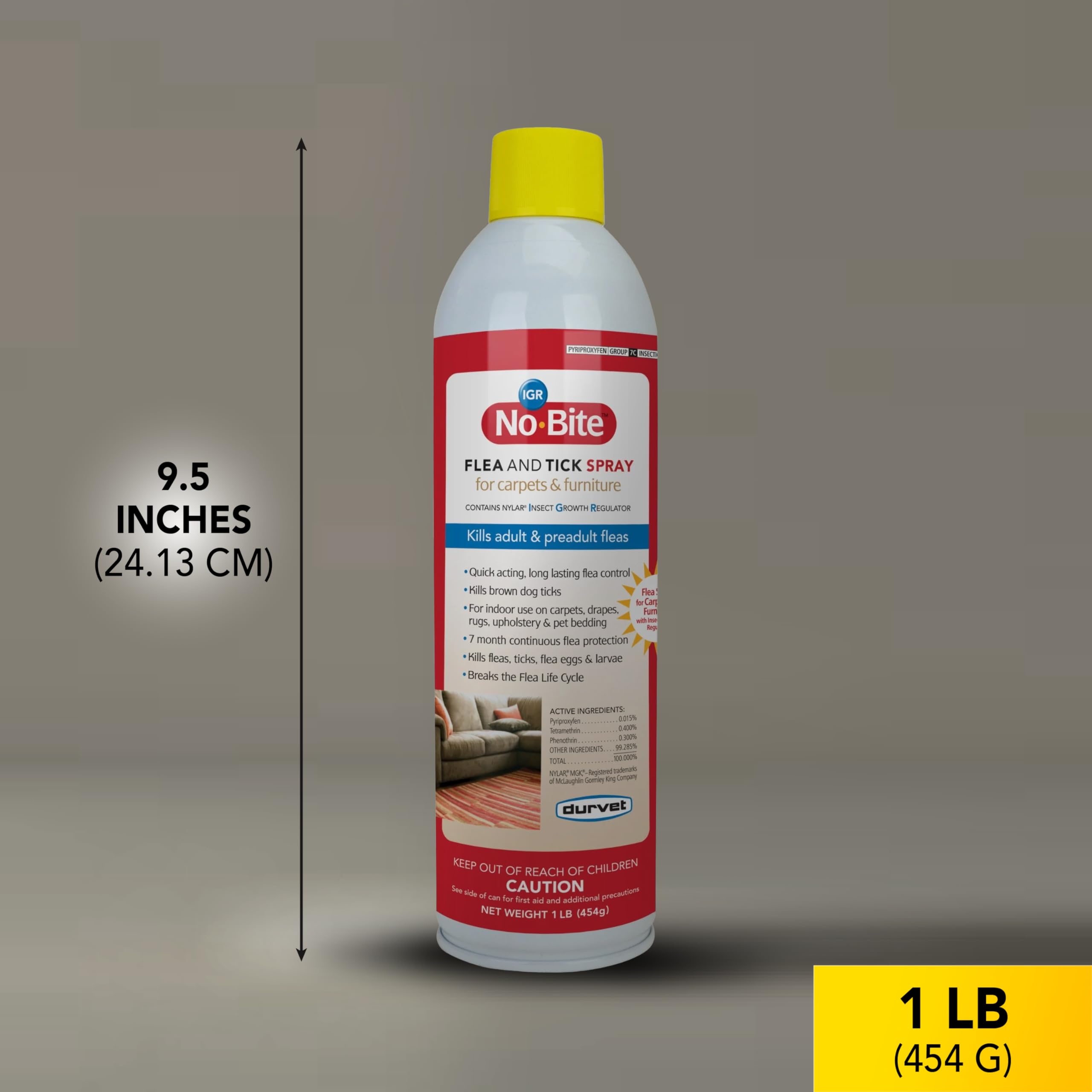 Durvet No Bite IGR spray en muebles para protección de pulgas.