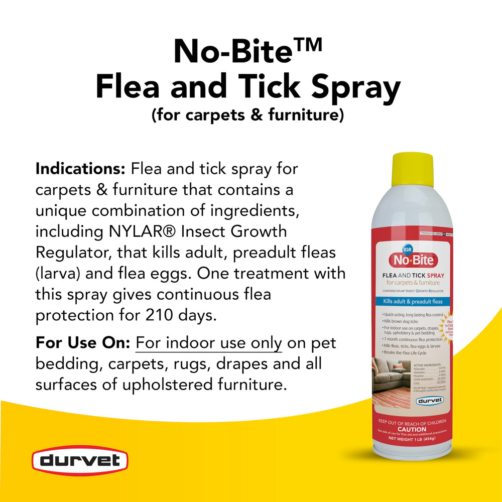 Durvet No Bite IGR spray en tapicería para reducir pulgas y garrapatas.