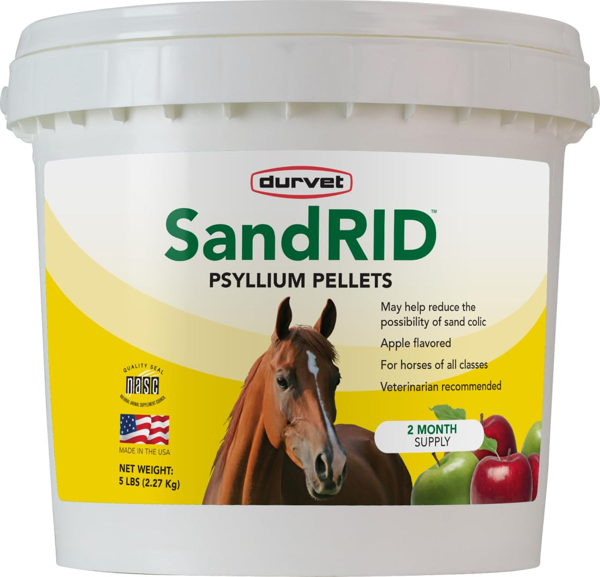 Durvet Sandrid Psyllium Pellets para caballos, soporte digestivo diario y fácil de administrar.