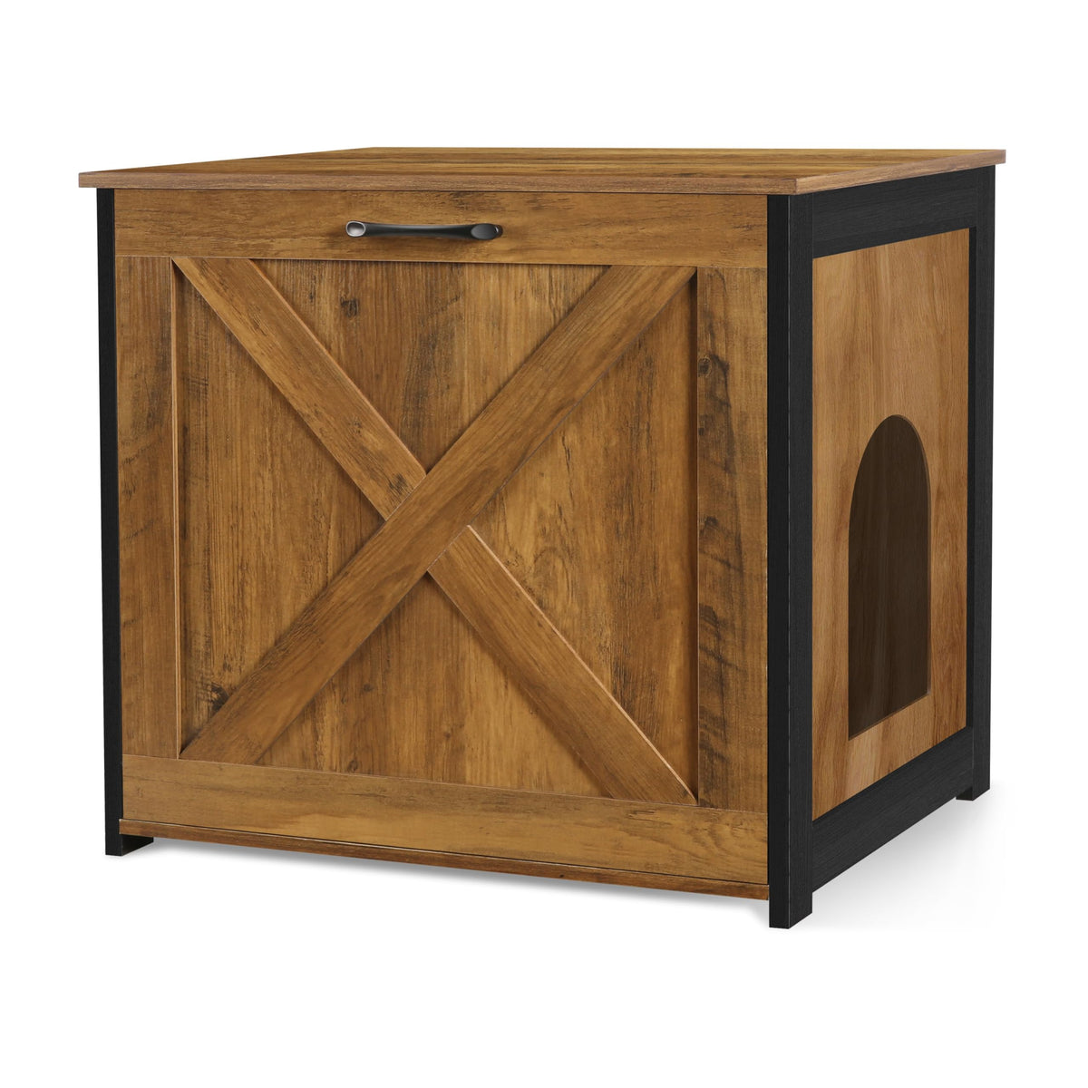 Dwanton arenero oculto para gato con frente reversible, ideal para sala o dormitorio.