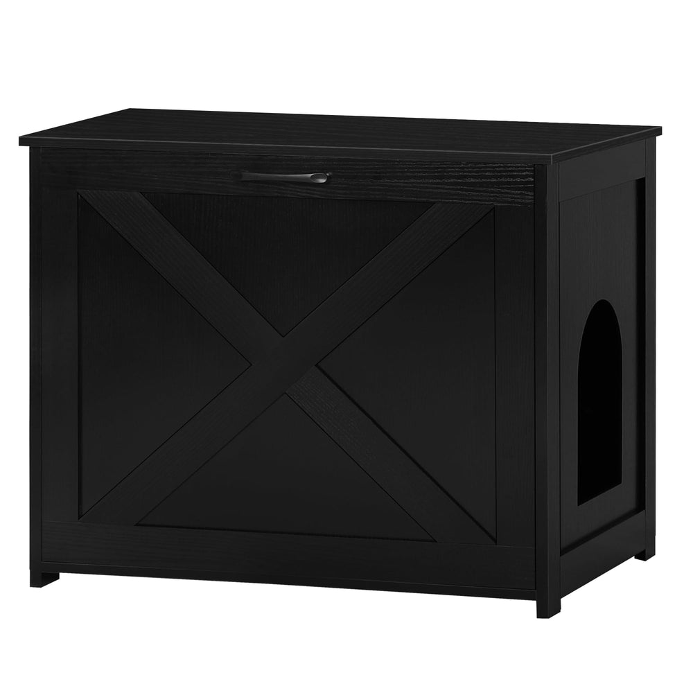 Dwanton caja litter oculta negra, vista frontal, uso discreto en el salón.