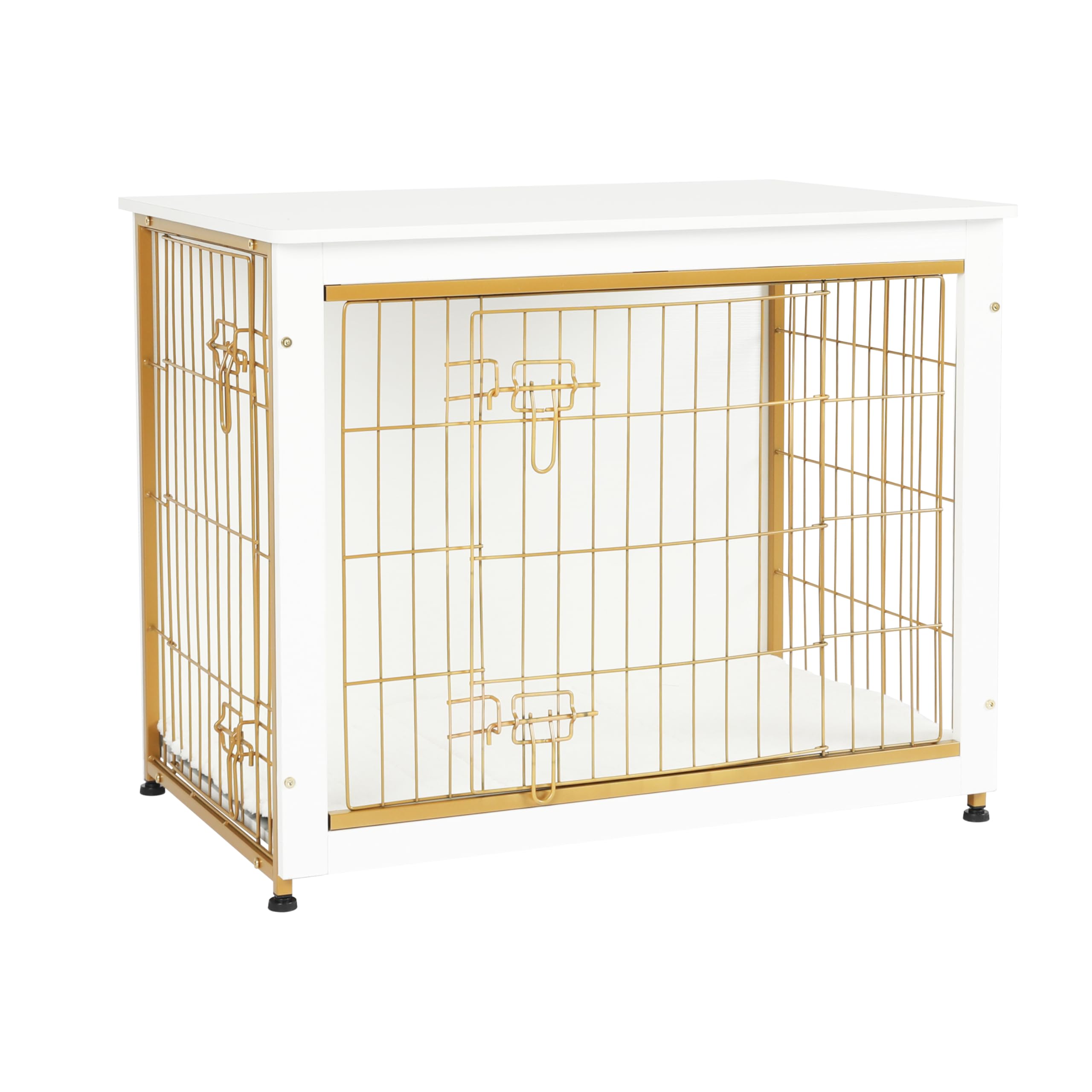 Dwanton jaula para perro con cojín blanco, descanso suave en mueble elegante.