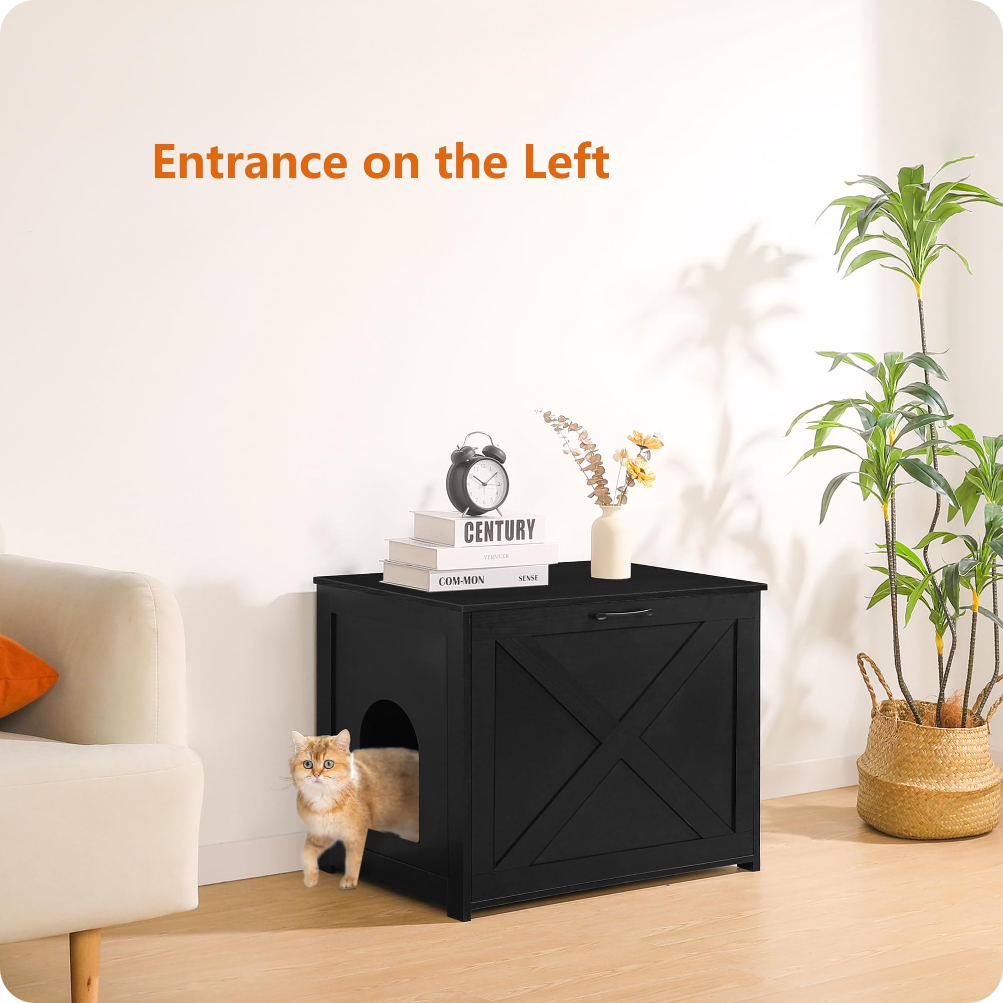 Dwanton mueble gato negro, interior visible, refugio cómodo para felinos.