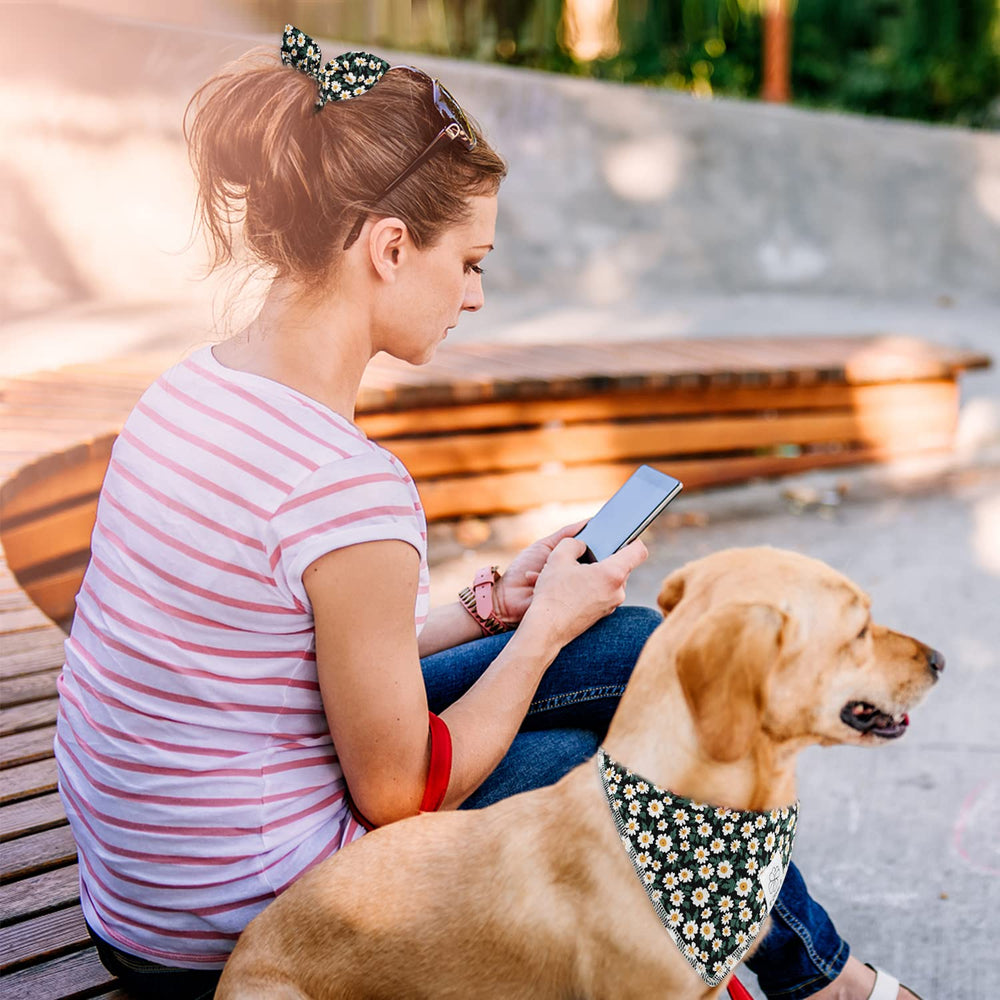 Perro con conjunto bandana y scrunchie E-Clover, look coordinado para paseos