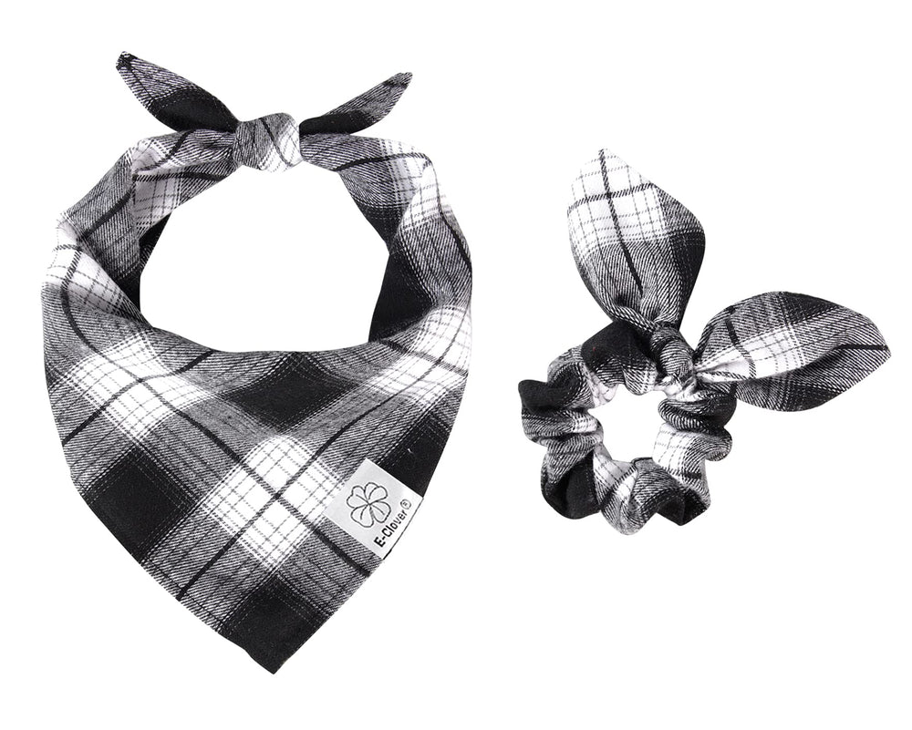 Bandana E-Clover para perro con plaid negro-blanco, ideal para paseos con estilo.
