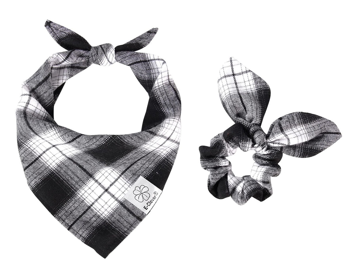 Bandana E-Clover para perro con plaid negro-blanco, ideal para paseos con estilo.