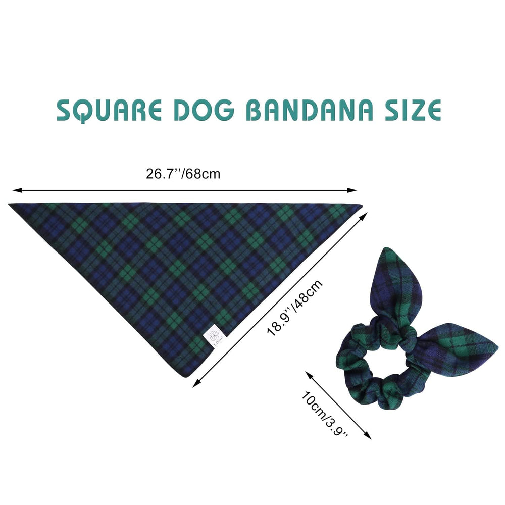 Pañuelo ajustable para cuello de perro, E-Clover, patrón a cuadros verde-azul.