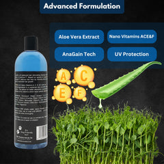 Hojas de aloe vera junto al champú, destacando hidratación natural.