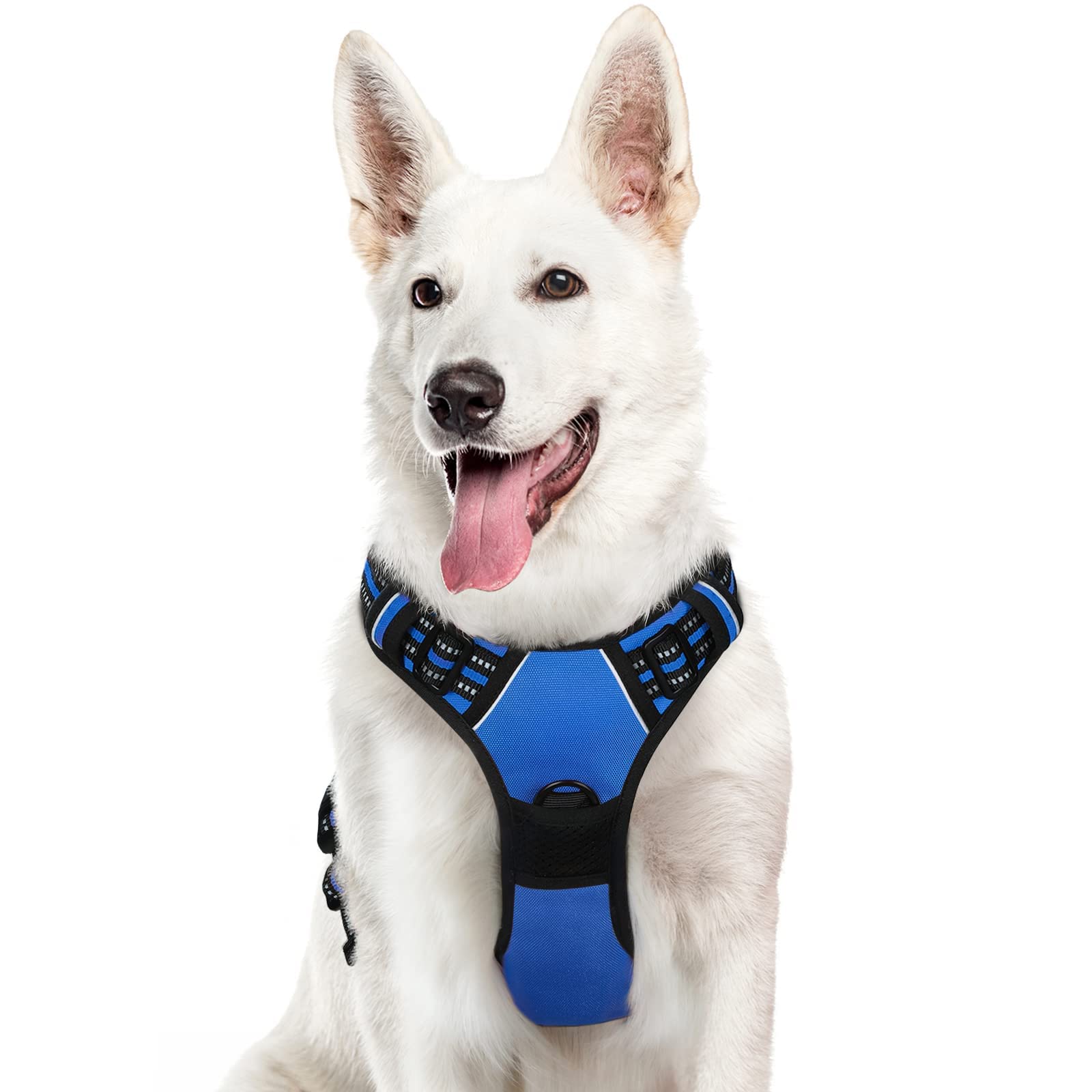Arnés Eagloo para perros grandes, vista frontal azul, ideal para paseos diarios y control cómodo.