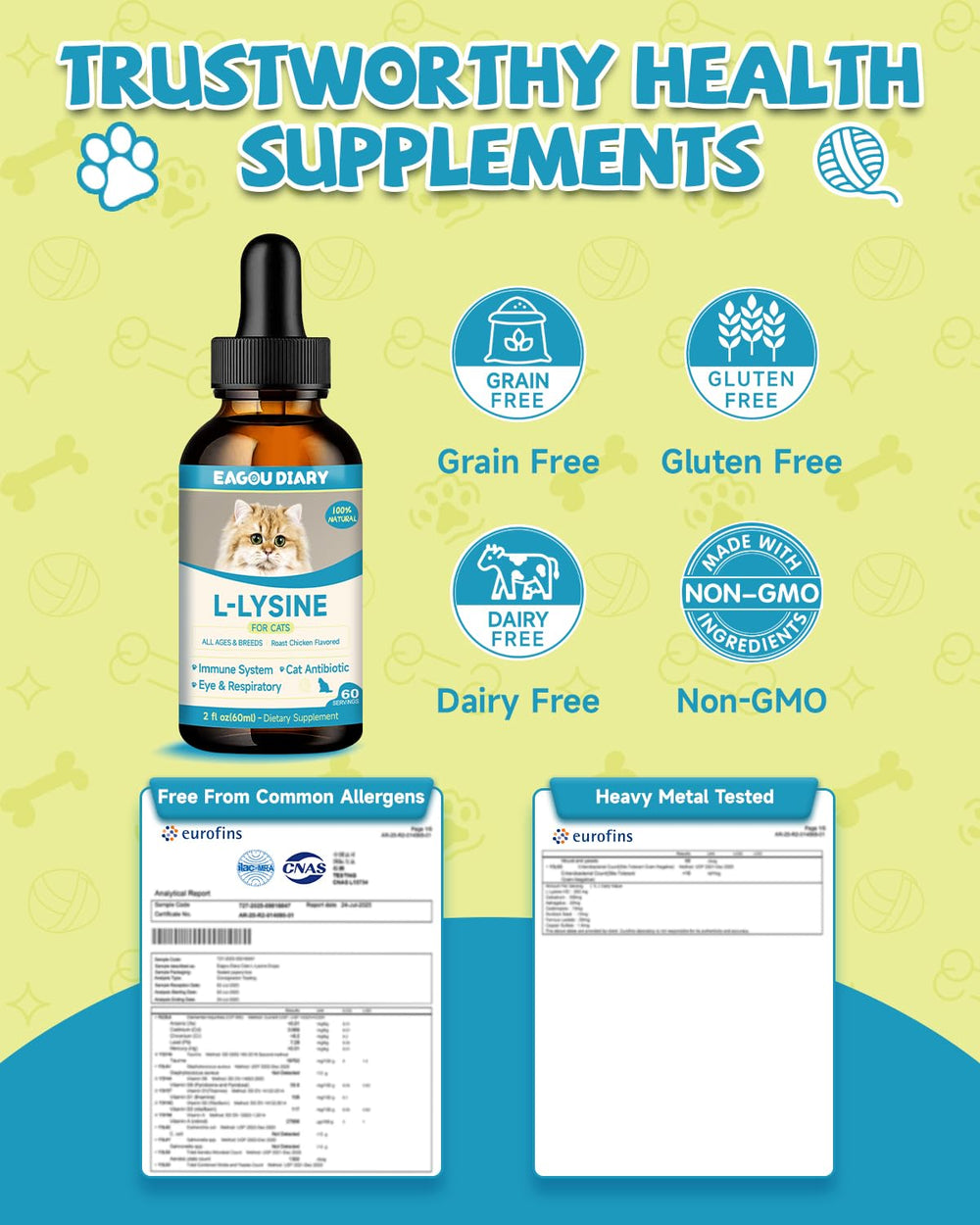 Eagou Diary Lisina para Gatos: libre de alcohol y gluten.