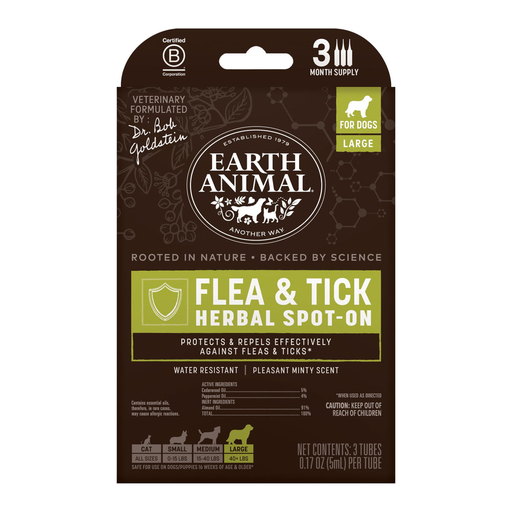 Earth Animal Apothecary, aplicación localizada para perros grandes, protege externamente contra pulgas y garrapatas.