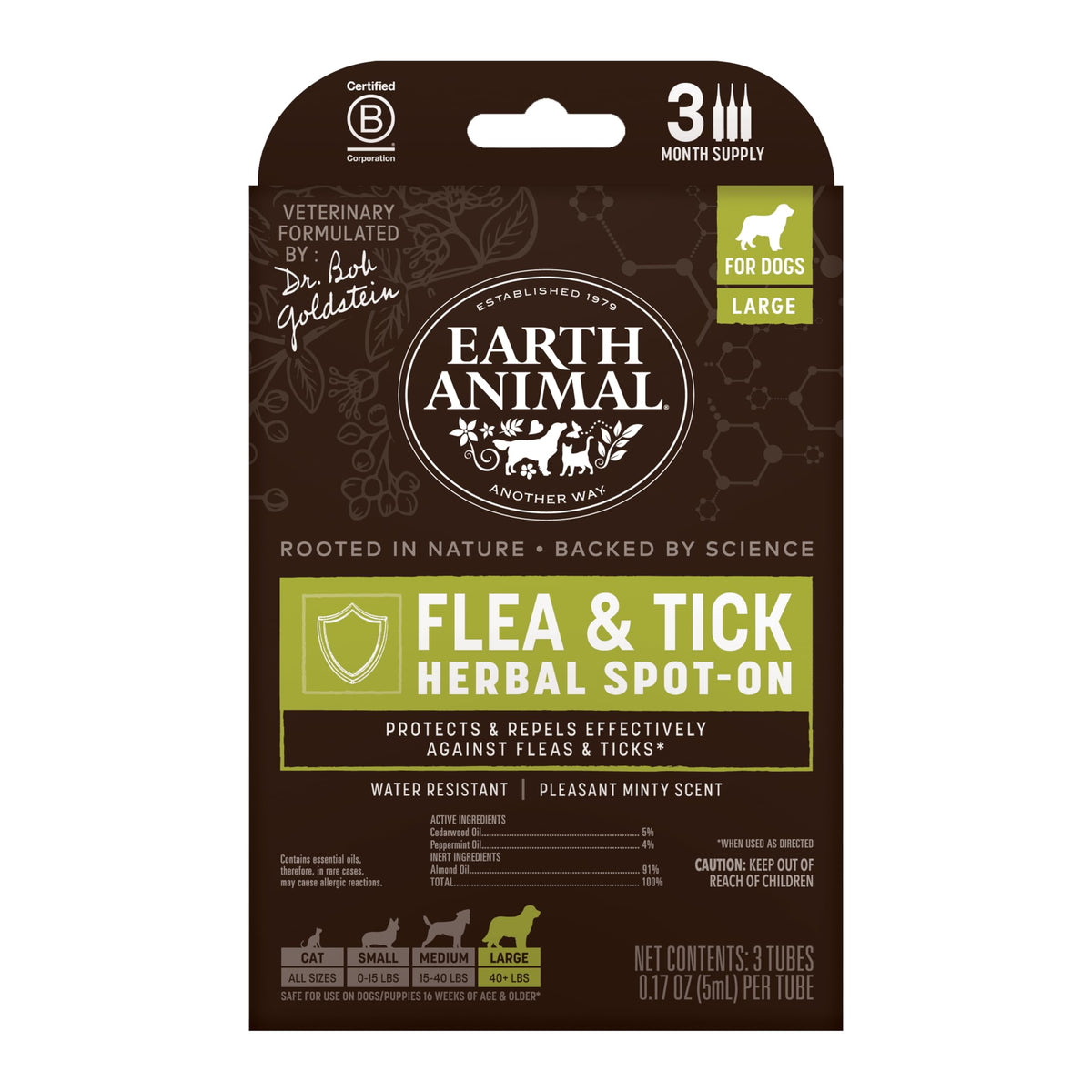 Earth Animal Apothecary, aplicación localizada para perros grandes, protege externamente contra pulgas y garrapatas.