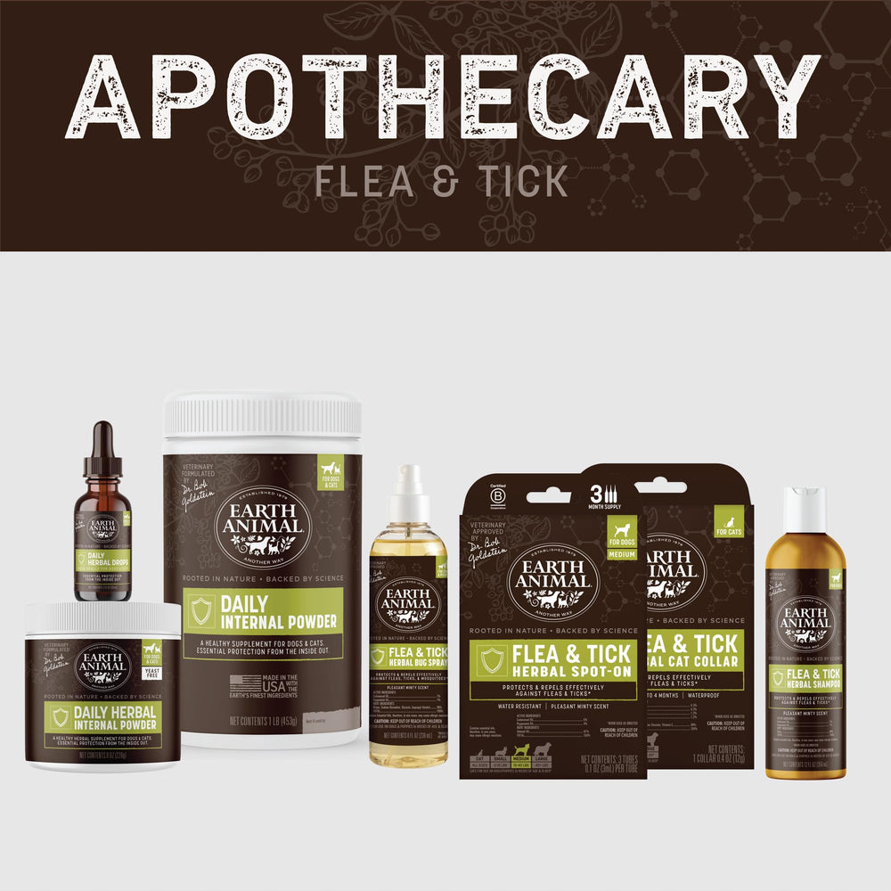 Earth Animal Apothecary gotas herbales para gatos, uso diario suave y natural.