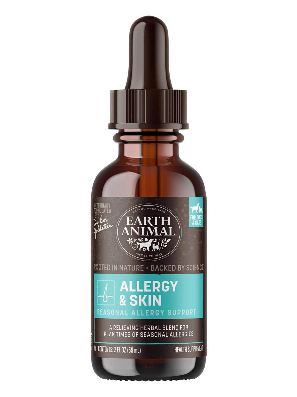 Earth Animal Apothecary frasco con gotas para alergias y piel de perros y gatos.