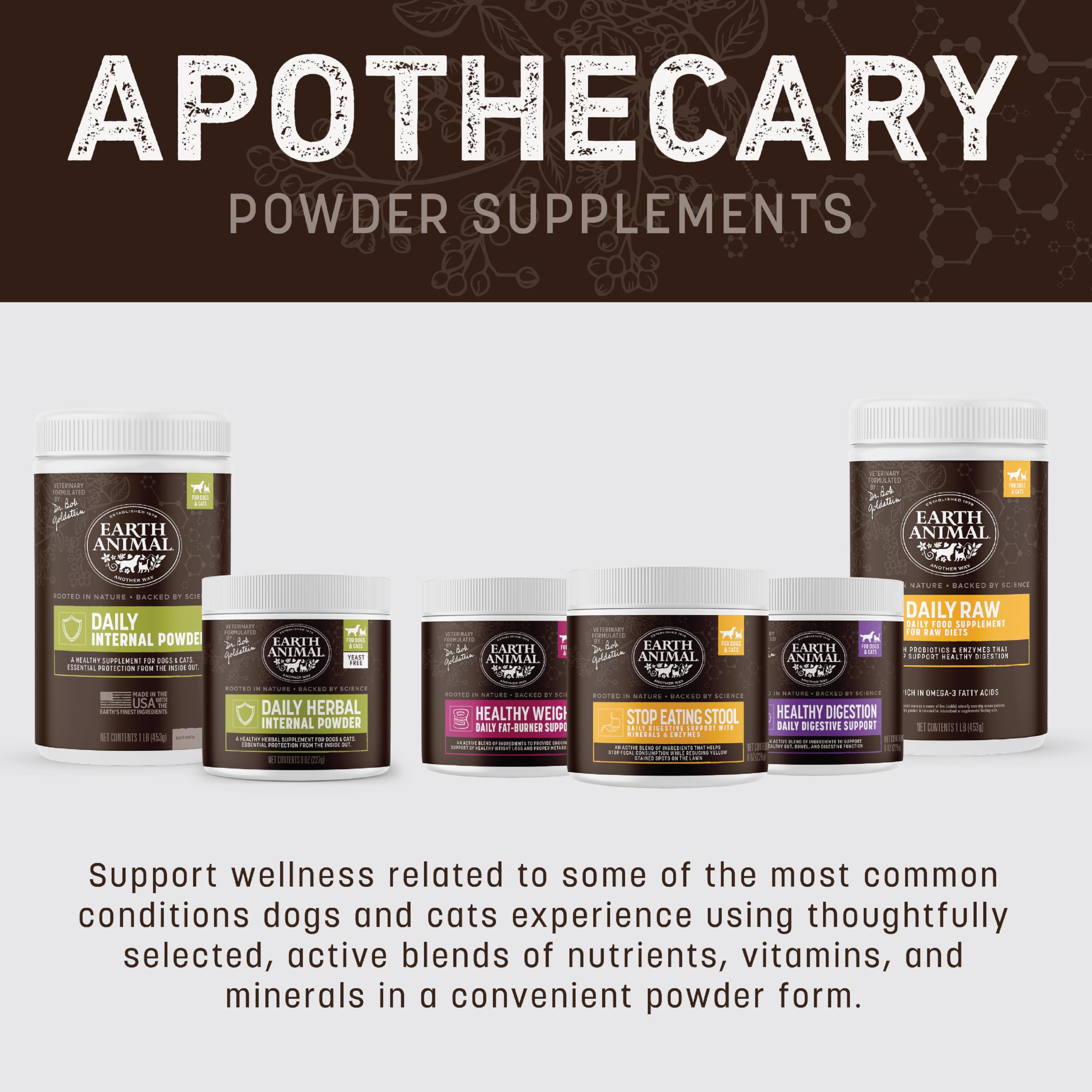 Earth Animal Apothecary Polvo, posible apoyo en hábitos alimenticios diarios de mascotas.