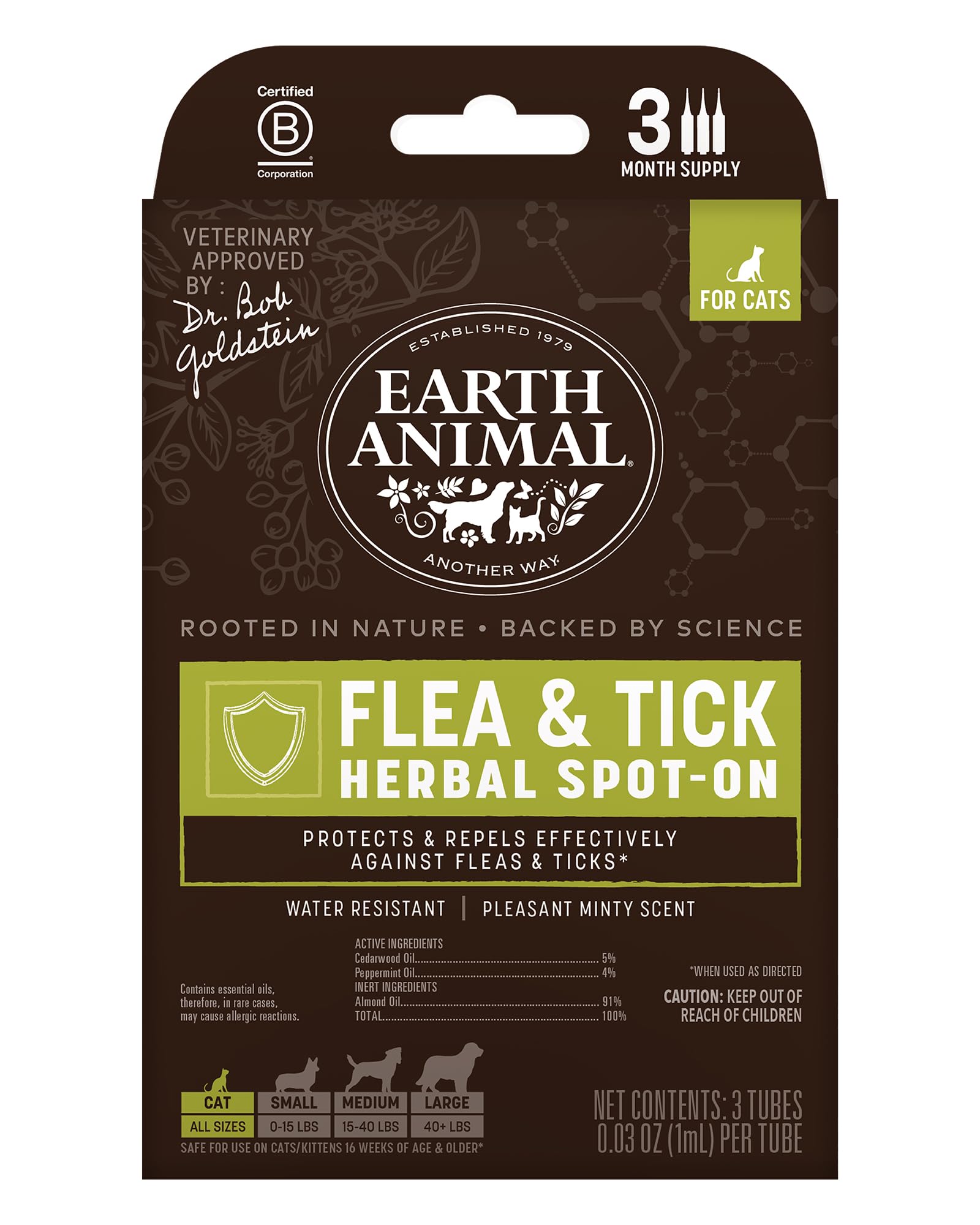 Earth Animal Apothecary spot-on para gatos con cedro y menta para protección natural.