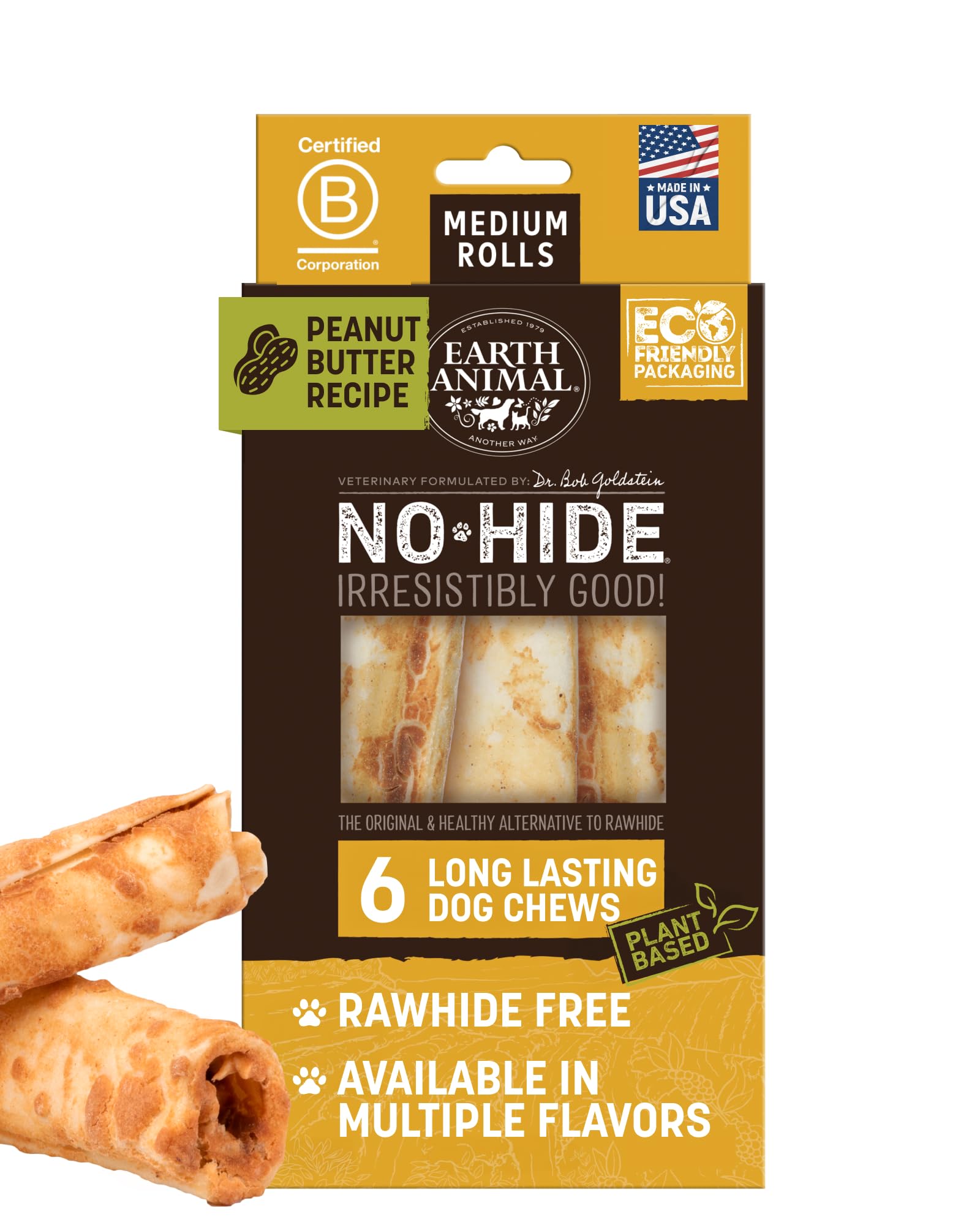 Earth Animal No Hide Chews, rollos medianos, sabor maní cremoso para perros.