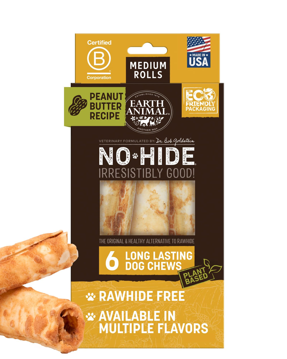Earth Animal No Hide Chews, rollos medianos, sabor maní cremoso para perros.