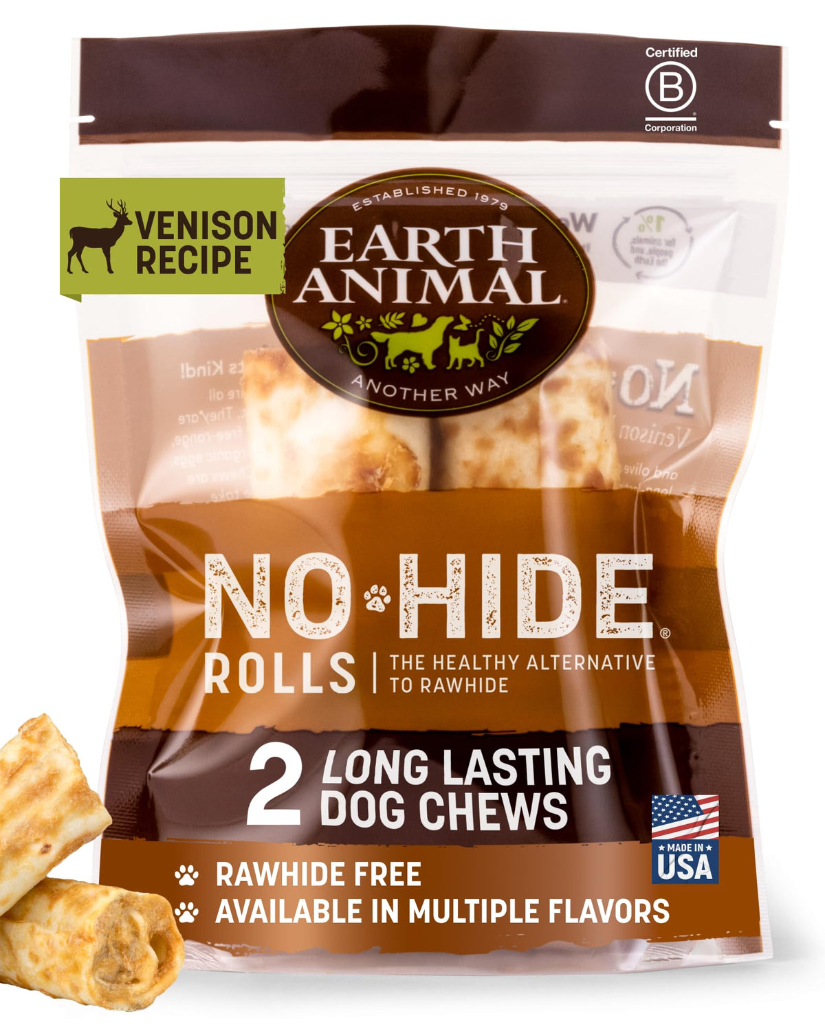 Earth Animal No Hide Chews, rollos de ciervo para perros pequeños, promueven masticación larga