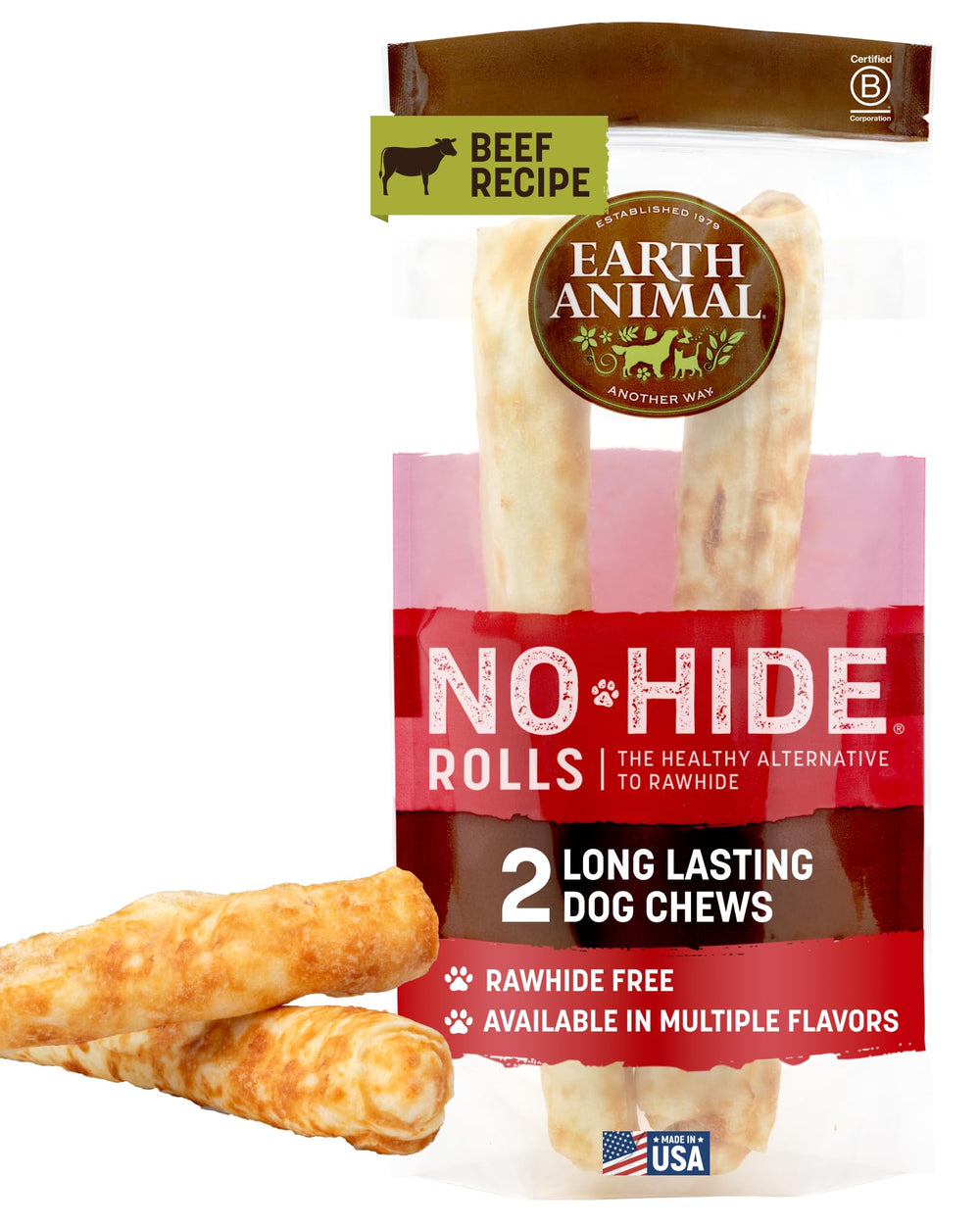 Earth Animal No Hide Chews: rollos grandes para perros grandes, masticación prolongada.