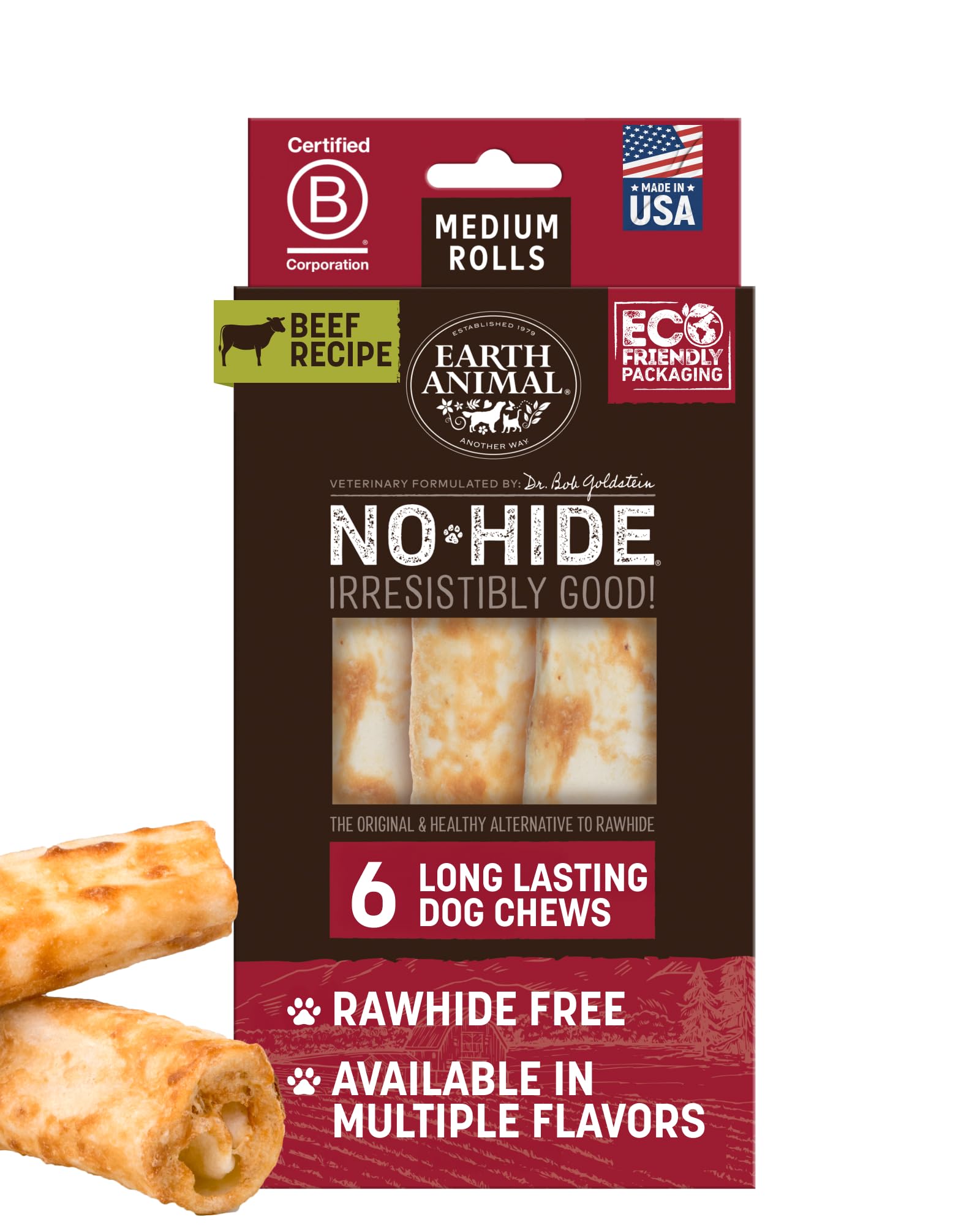 Earth Animal No Hide Chews rollos mediano, masticación duradera para perros mediano