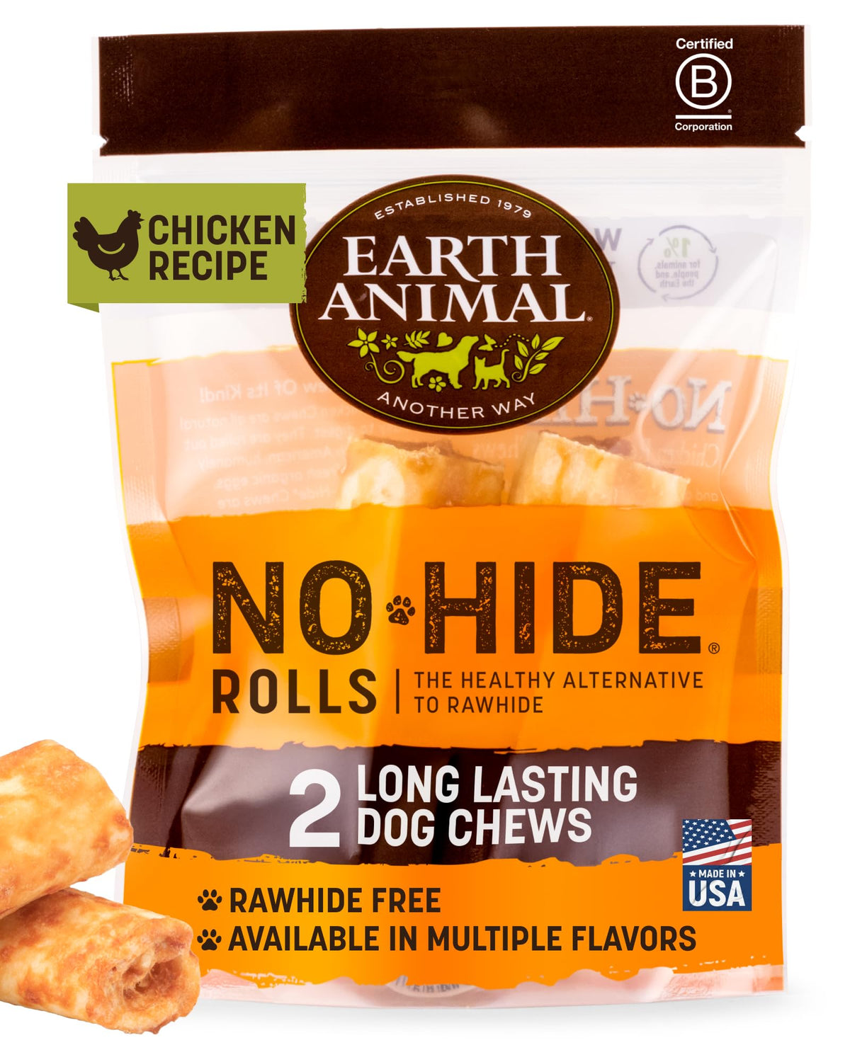 Earth Animal No Hide Chews, rollos pequeños de pollo, ideales para masticar.
