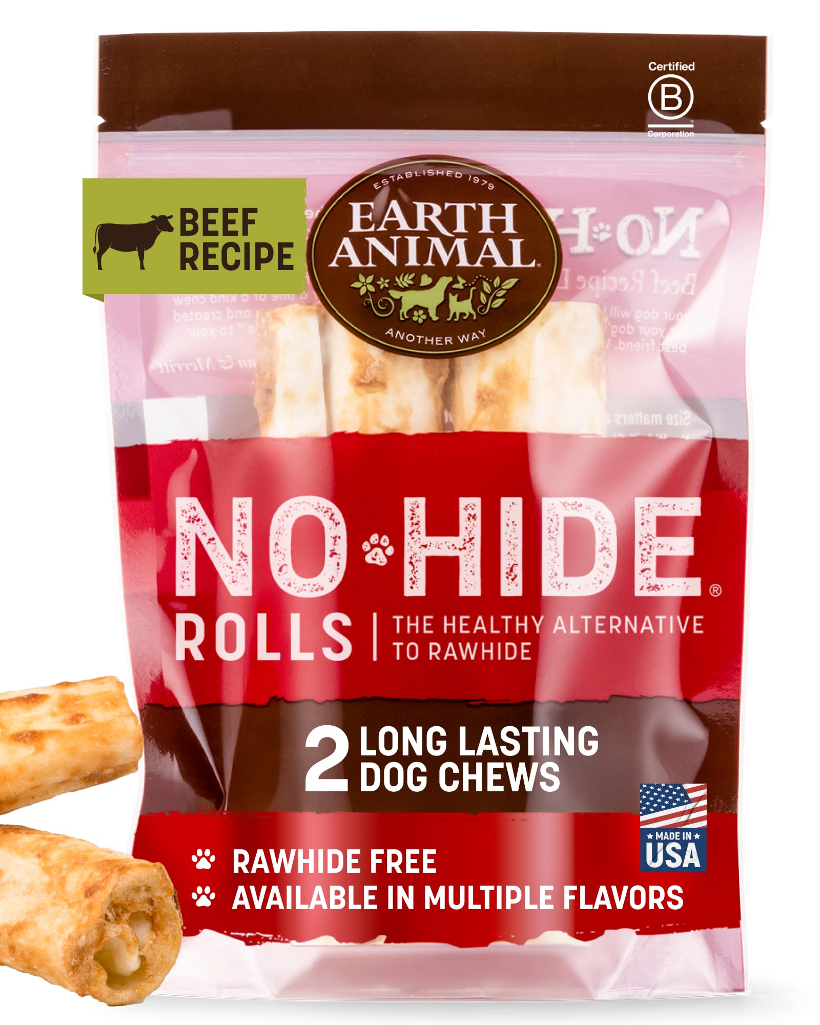 Earth Animal No Hide Chews rollos de res para perros medianos, masticación prolongada y limpia.